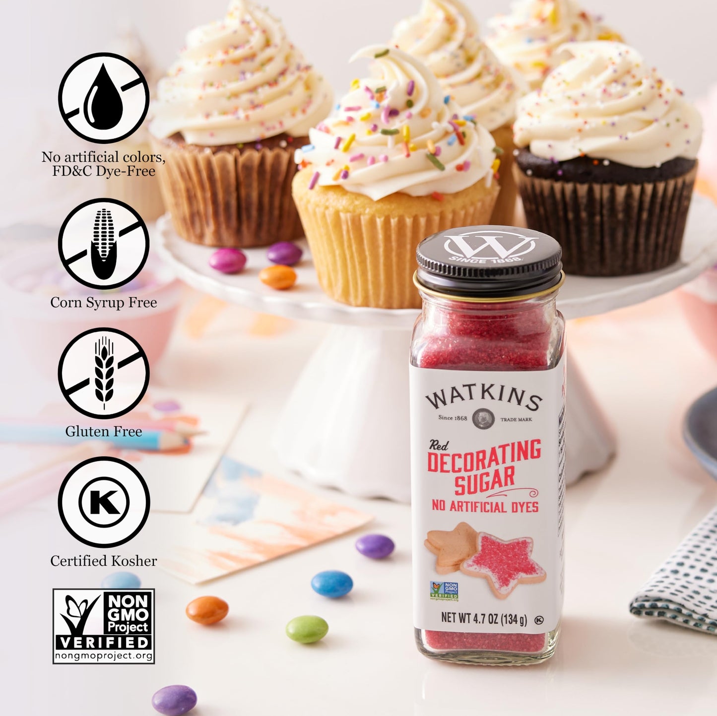 Watkins Red Decorating Sugar Non-gMO Kosher 4.7 Ounce Jar 1-Pack