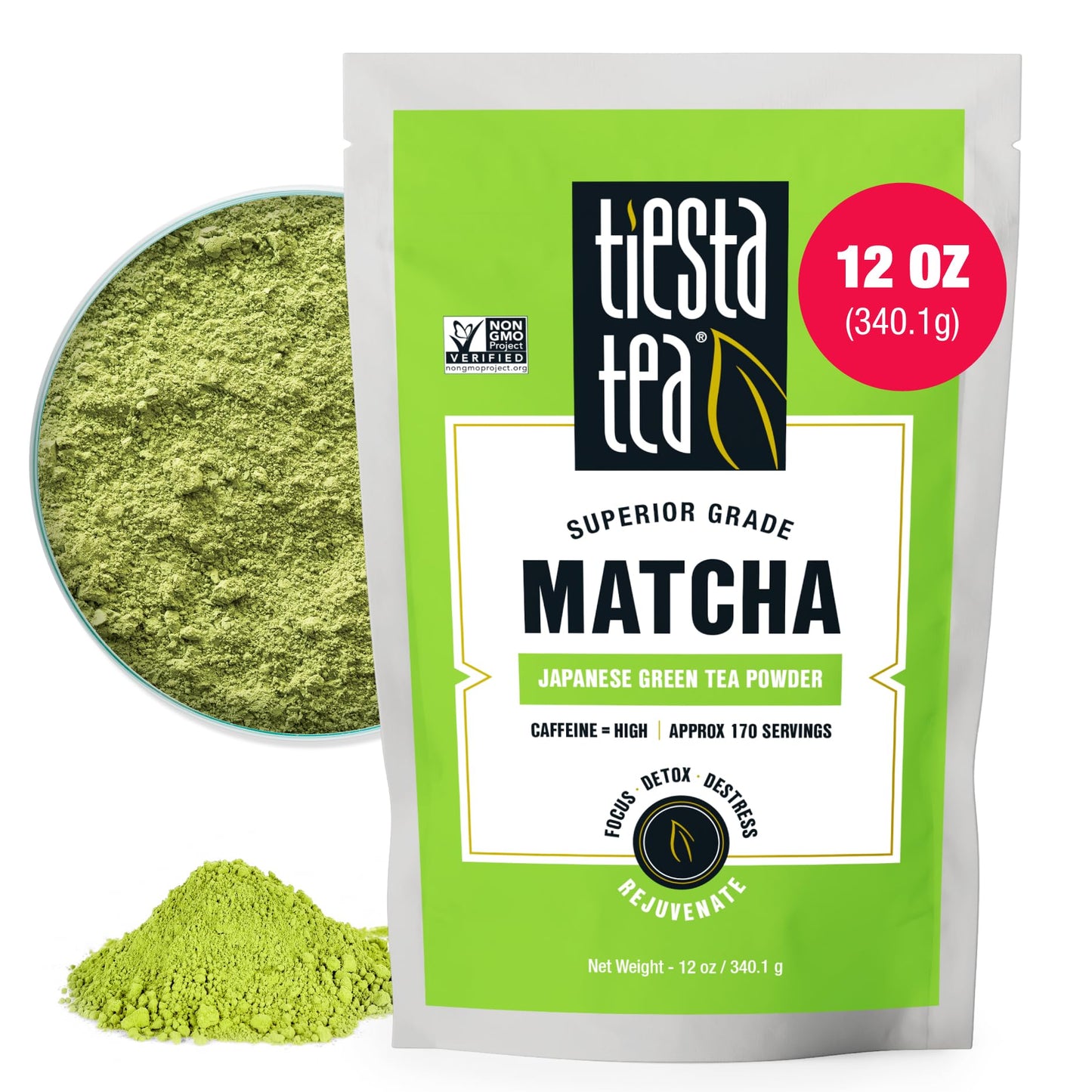 Tiesta Tea Superior Green Tea Powder - Japanese Matcha Tea Powder  High Caffeine  L-Theanine  Antioxidants  Detox  Boost Metabolism  Energy Booster  Hot & Iced - 170 Cups - 12oz Bag