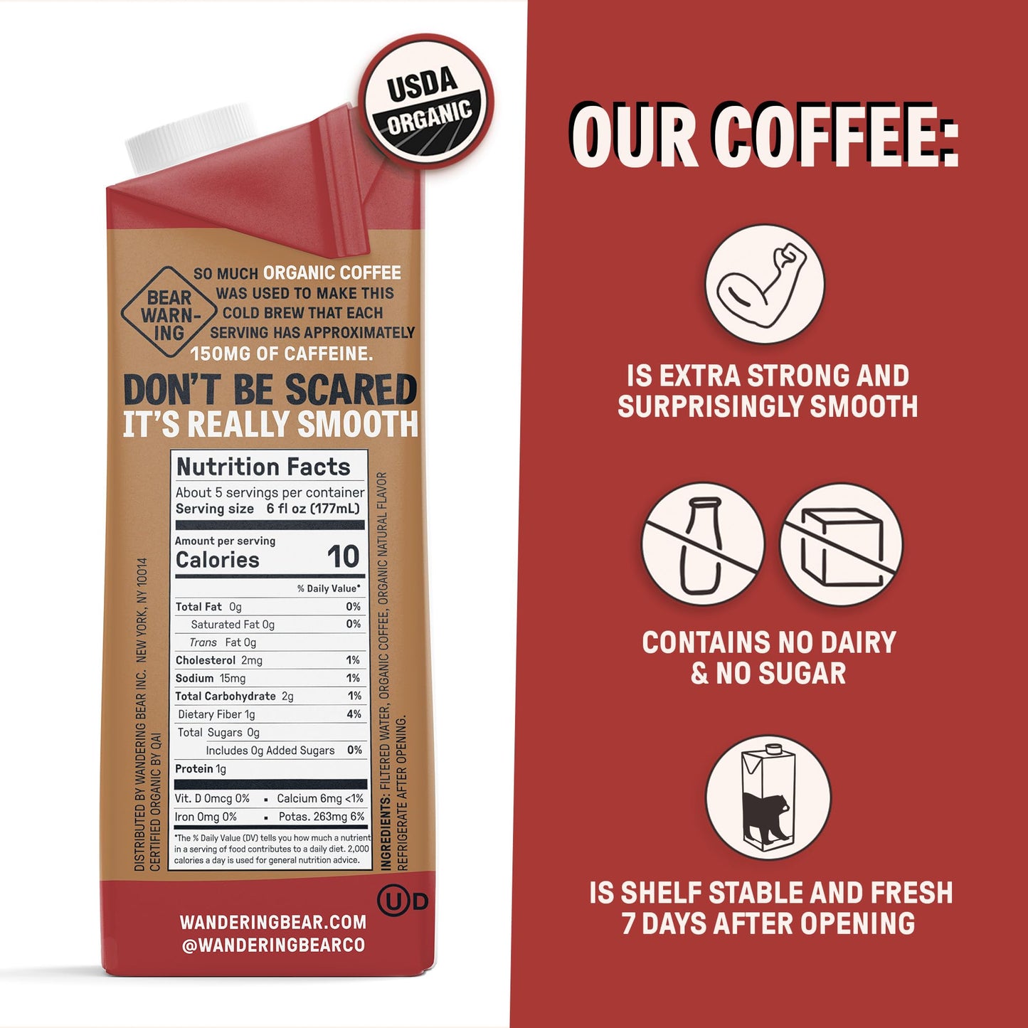 Wandering Bear Organic Mocha Cold Brew Coffee, 32 Fl Oz, 3 Pack - Extra Strong, Bold, Smooth, Unsweetened, Shelf-Stable, Ready T