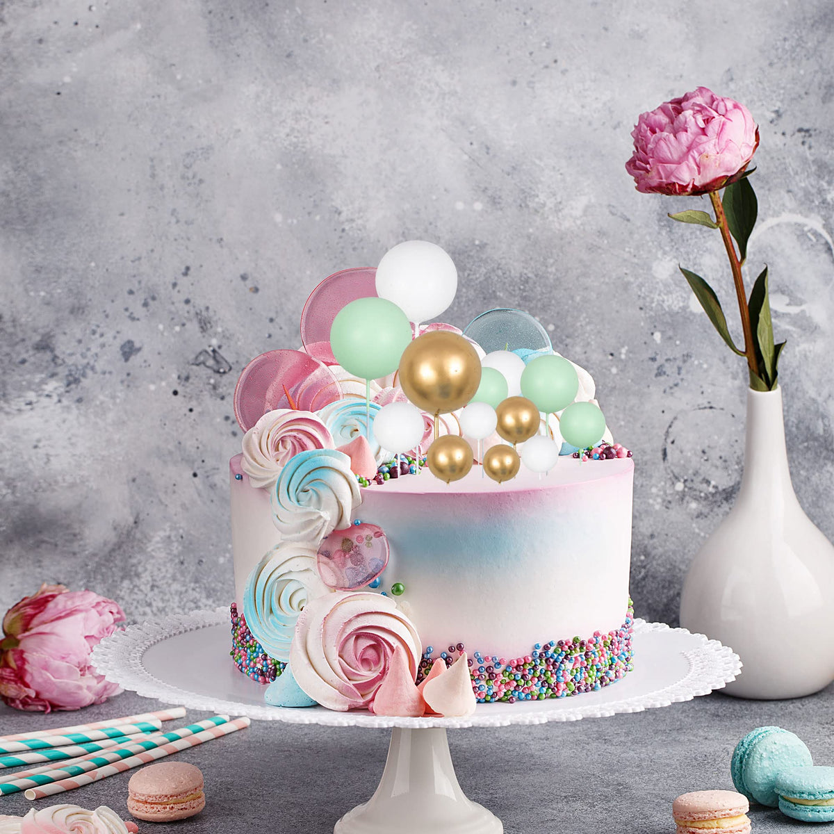 Gyufise 30Pcs Balls Cake Topper Mini Balloons Cupcake Topper Diy Cake Insert Topper Foam Cake Balls Baking Decoration For Weddin