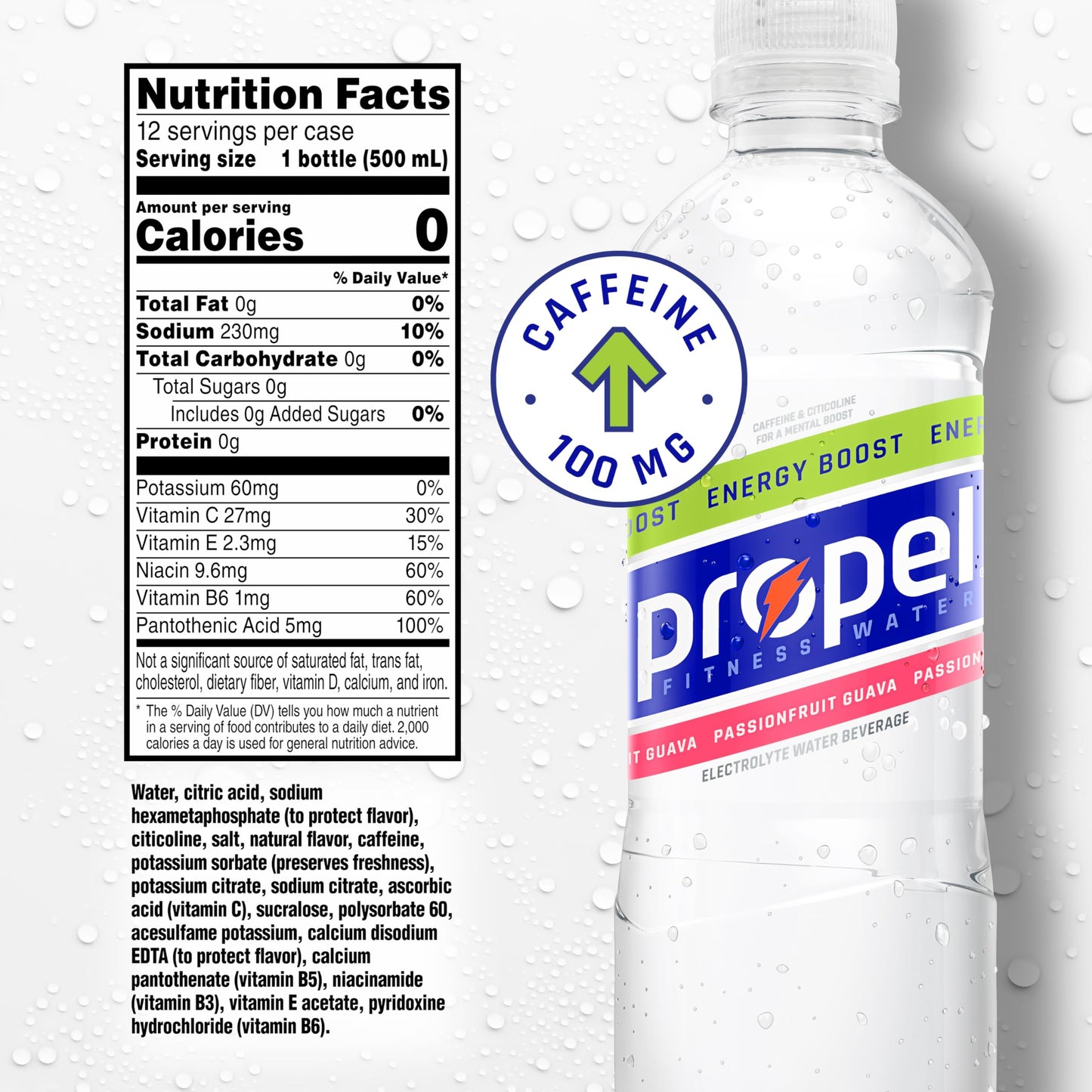 Propel Energy Boost Flavored Water, Electrolytes & Caffeine, Passionfruit Guava, 16.9 fl oz Bottles, 12 Pack