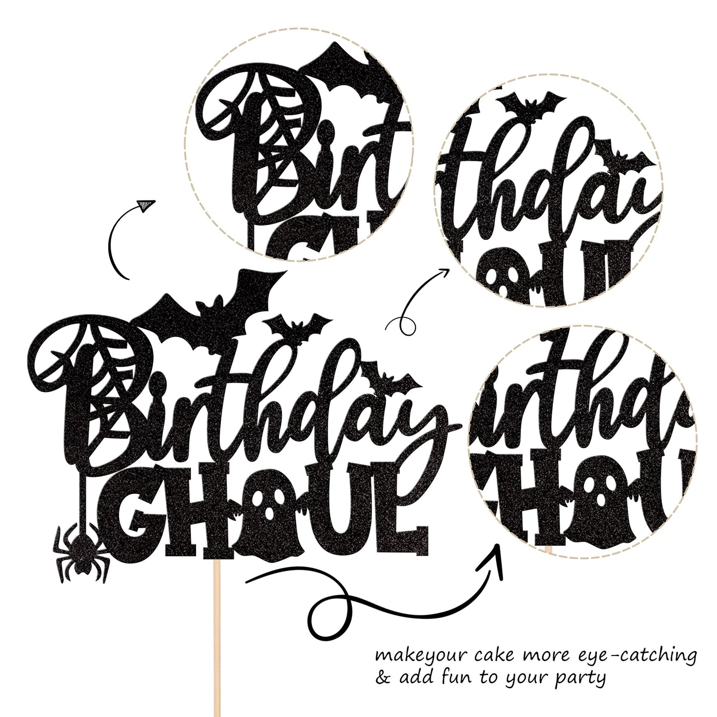 ZHUOWEISM Birthday Ghoul Cake Topper, Glitter Spooky Spider Bat, Halloween Cake Decoration, Design B4, Paper