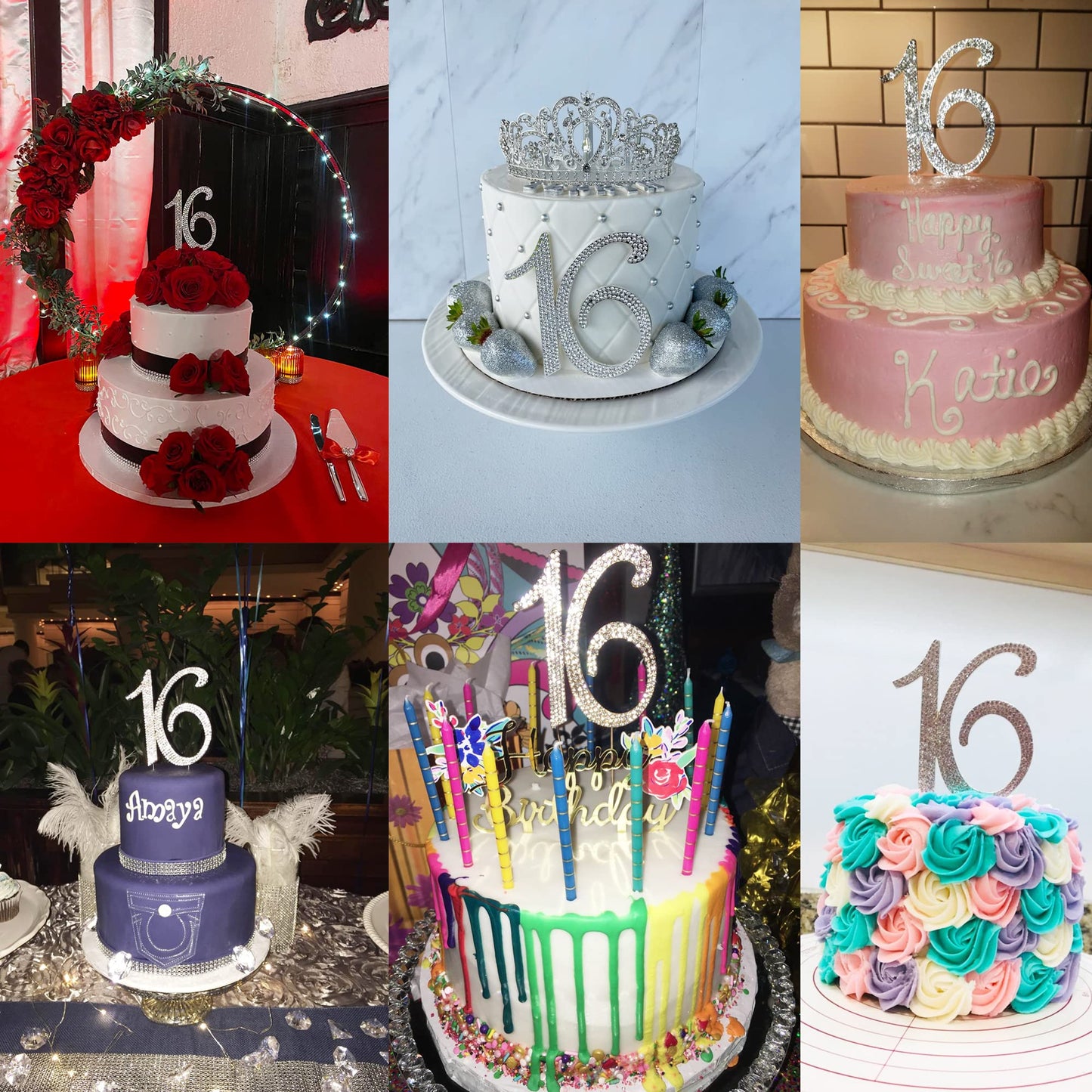 Honbay Cake Topper Premium Sparkly Crystal Rhinestones 4.4x3.7 Inch for Sweet 16 Birthday Party - 16 Silver