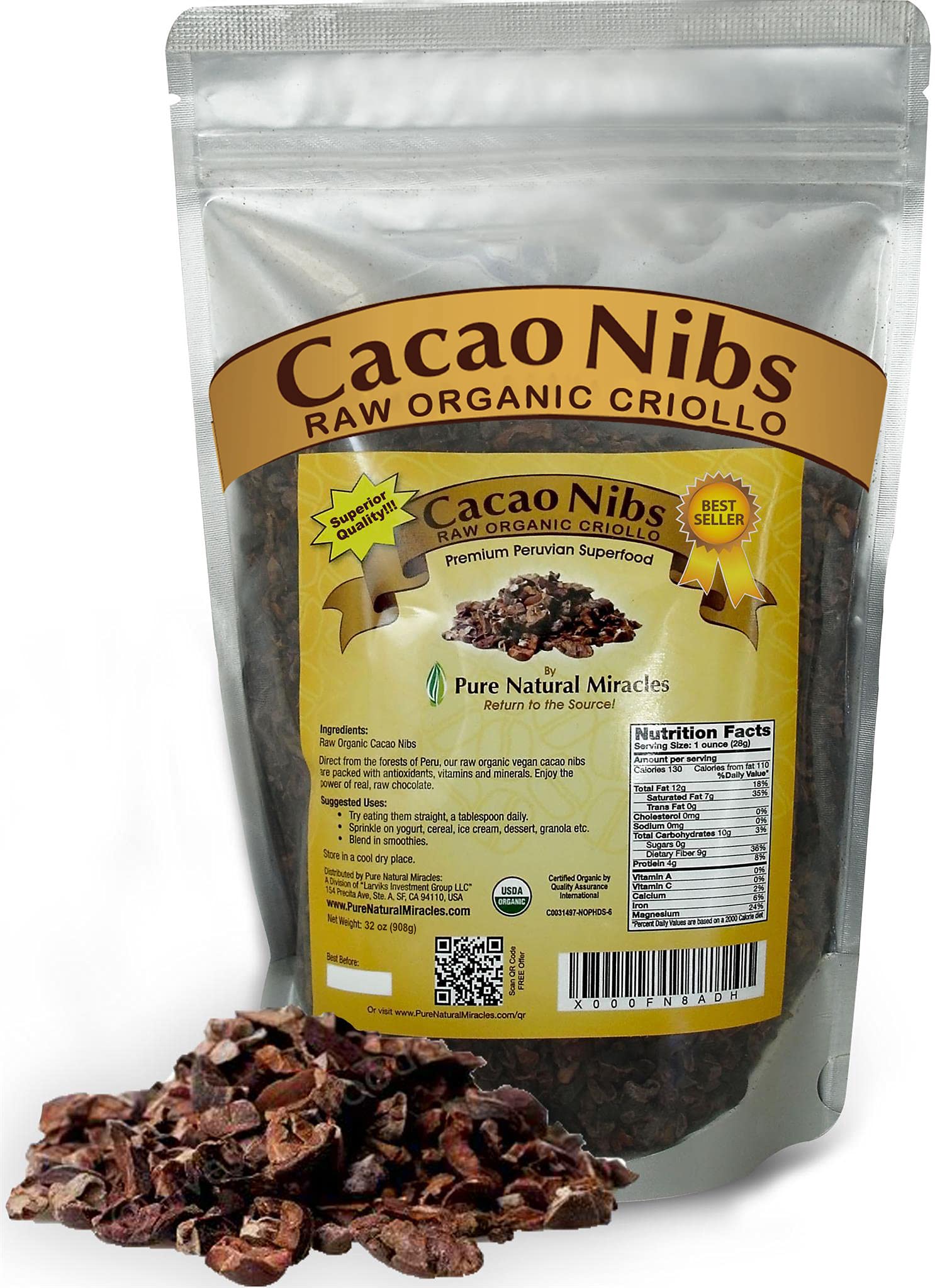 Pure Natural Miracles Cacao Nibs, Unsweetened Dark Chocolate Chips, Organic, 32 oz (2 lb), Dark Brown