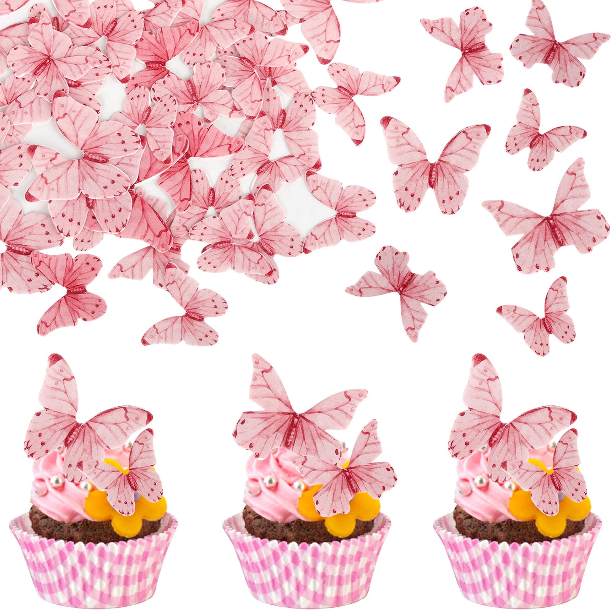 Rsstarxi 40 Pack Edible Butterfly Cake Decorations - Pink, Paper Cupcake Toppers for Weddings, Birthdays, and Flower Theme Parties