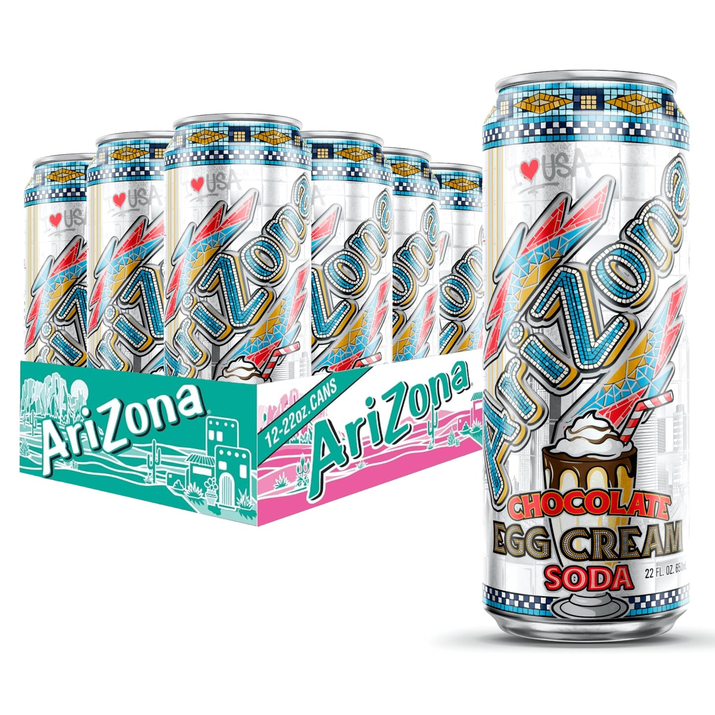 AriZona Chocolate Egg Cream Soda, Tunnels to Towers Foundation - Big Can, 22 Fl Oz (Pack of 12)