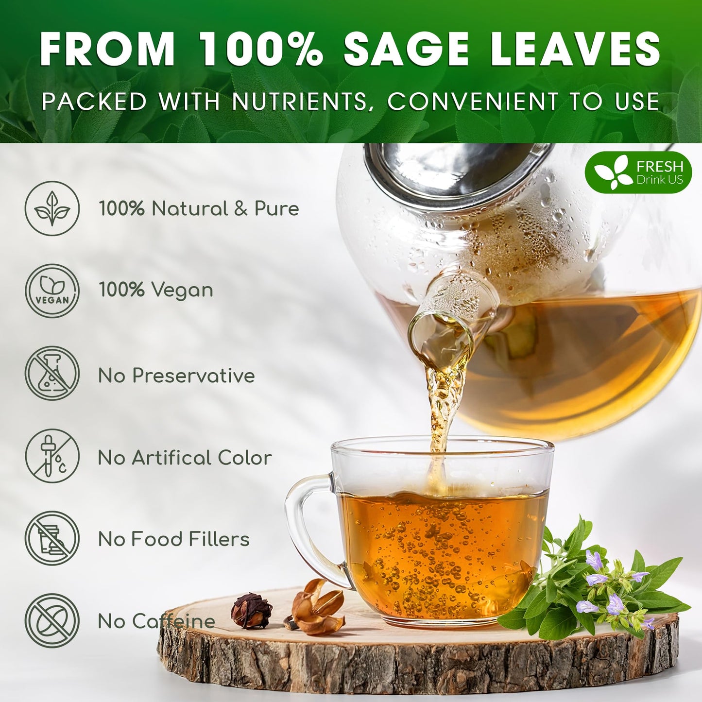 FRESHDRINKUS Sage Leaf Tea Bags - 100% Natural Herbal Tea, 75 Tea Bags, Vegan, No Sugar, No Caffeine, Gluten-Free
