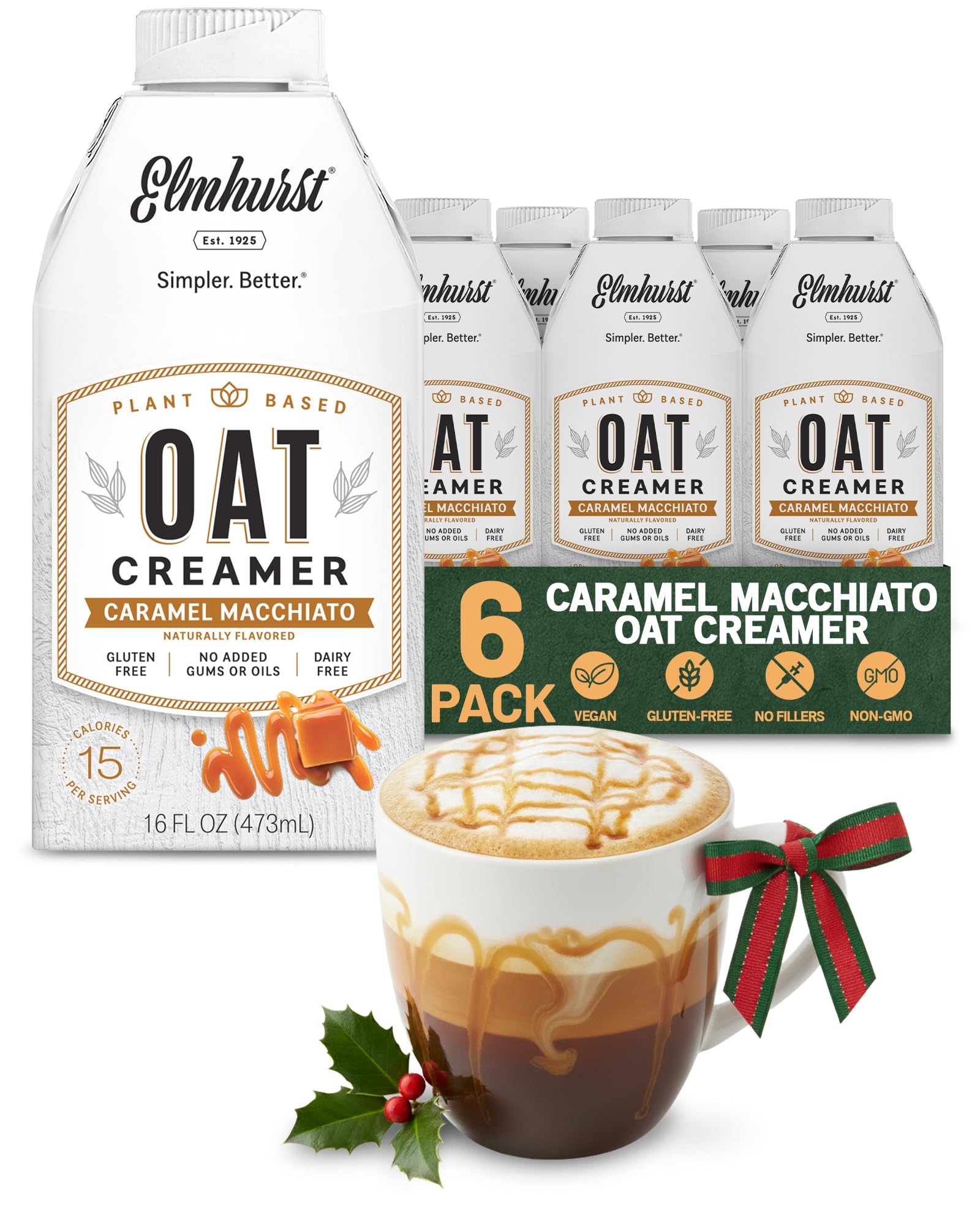 Elmhurst 1925 Caramel Macchiato Oat Creamer - 16 Ounce (Pack of 6) Dairy-Free, Vegan, Kosher, Low Sugar, Shelf Stable Creamer Ma