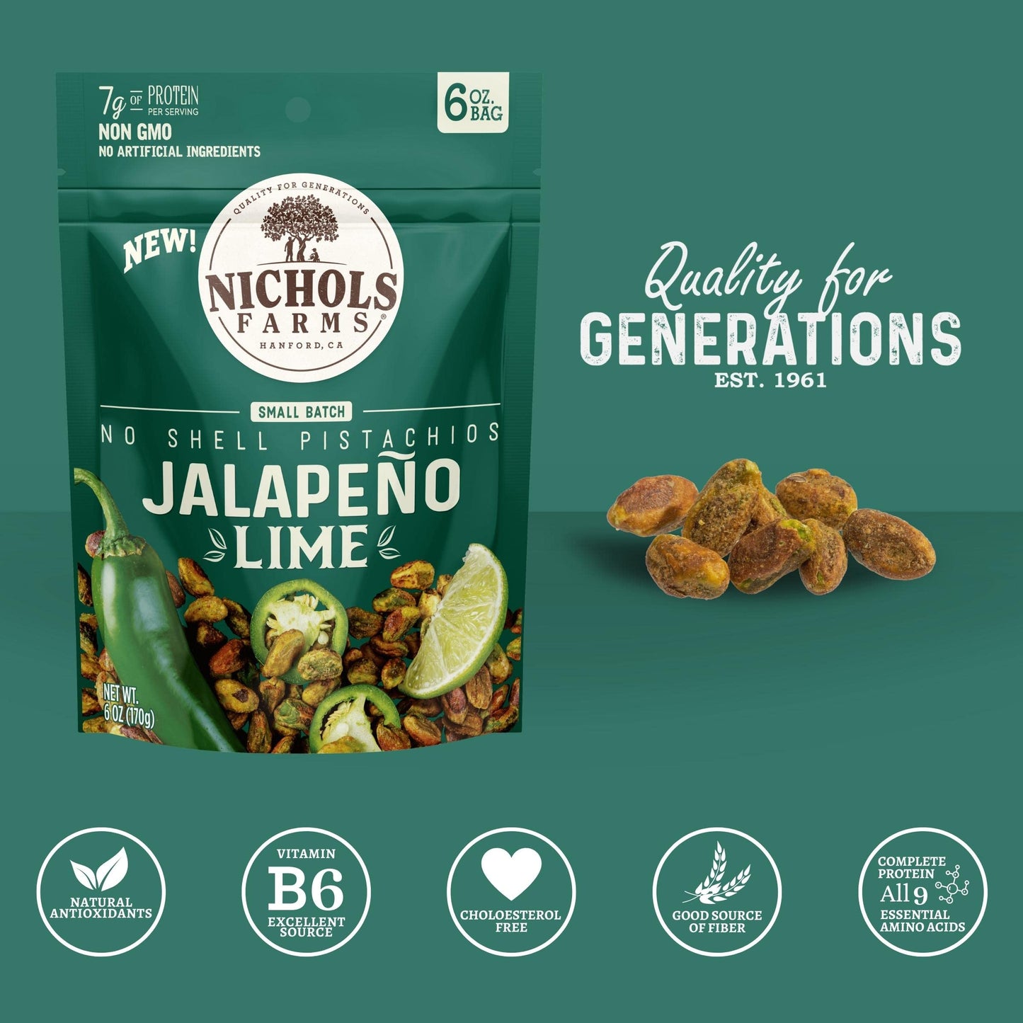 Nichols Farms Pistachios - Roasted No Shell Snack Packs - Jalapeño Lime - 6oz (Pack of 3) - Non-GMO, California Grown
