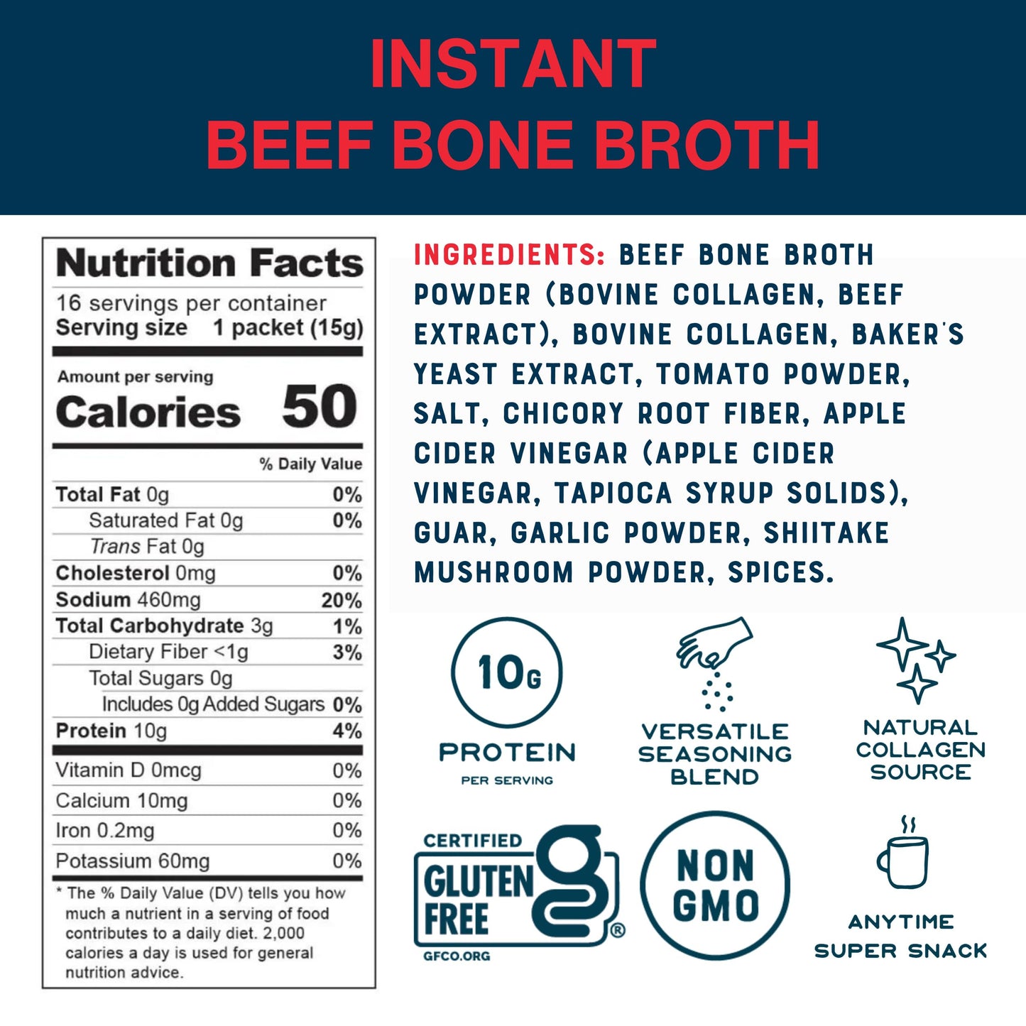 Bare Bones Beef Bone Broth Instant Powdered Mix, 32 Pack, 100% Grass Fed, Keto & Paleo Friendly, 10g Protein, No Artificial Flavors