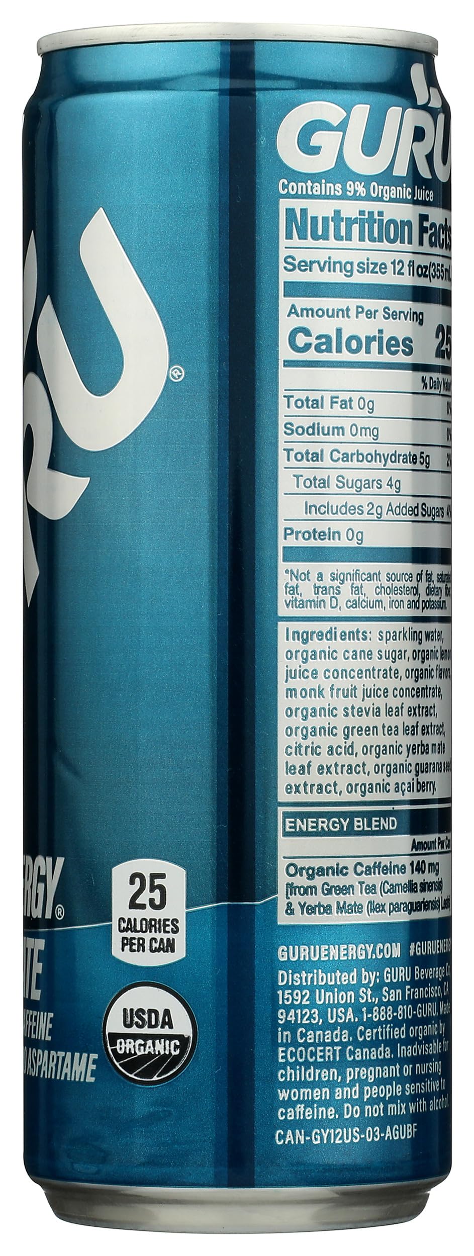 GURU Organic Yerba Mate Energy Drink, 12 Fl Oz, Model 0897658001240