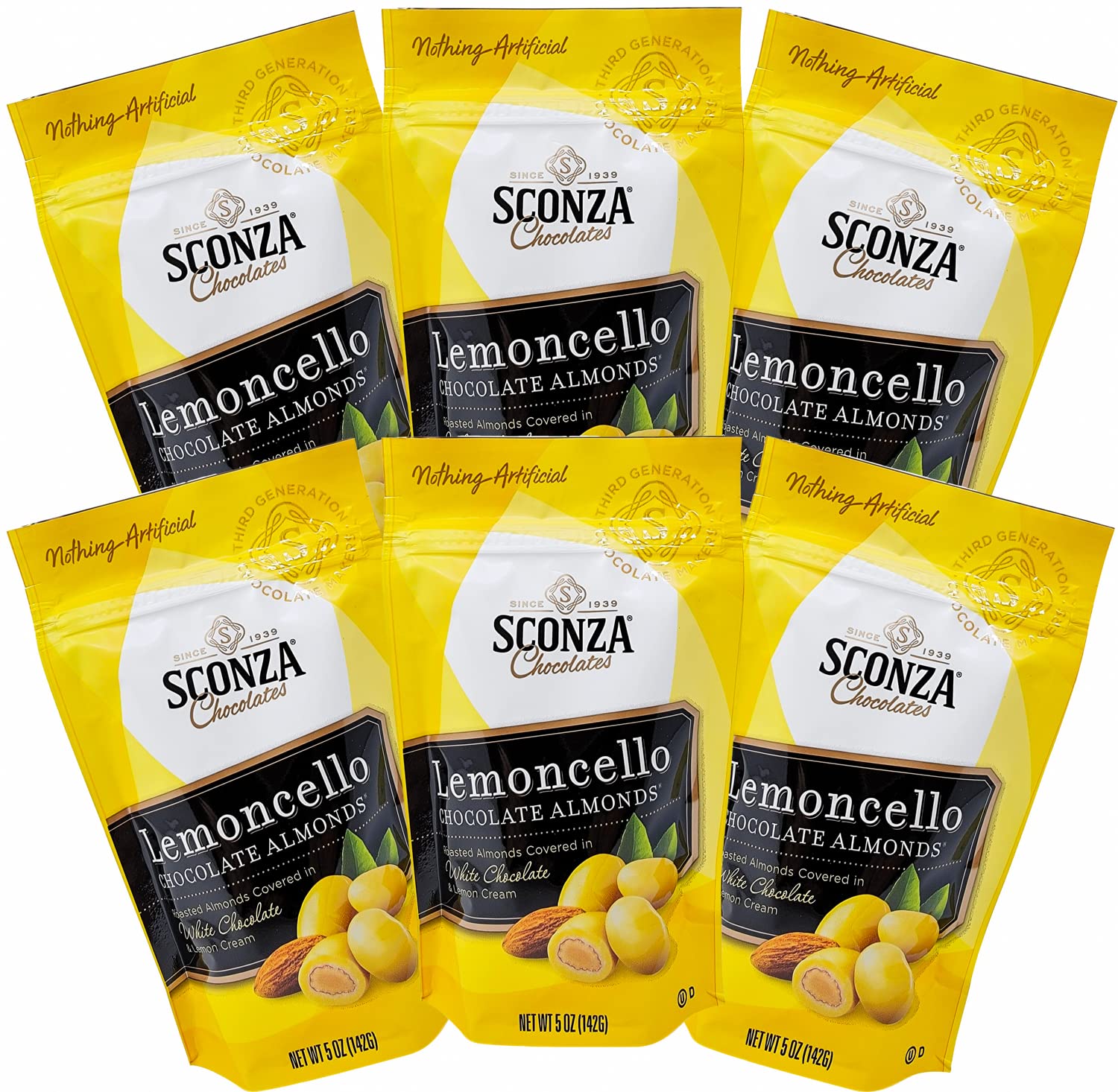 Nutic Lemoncello Chocolate Covered Almonds - 5 Oz Bags, 6 Pack, White Chocolate and Lemon Creme Candy Snack