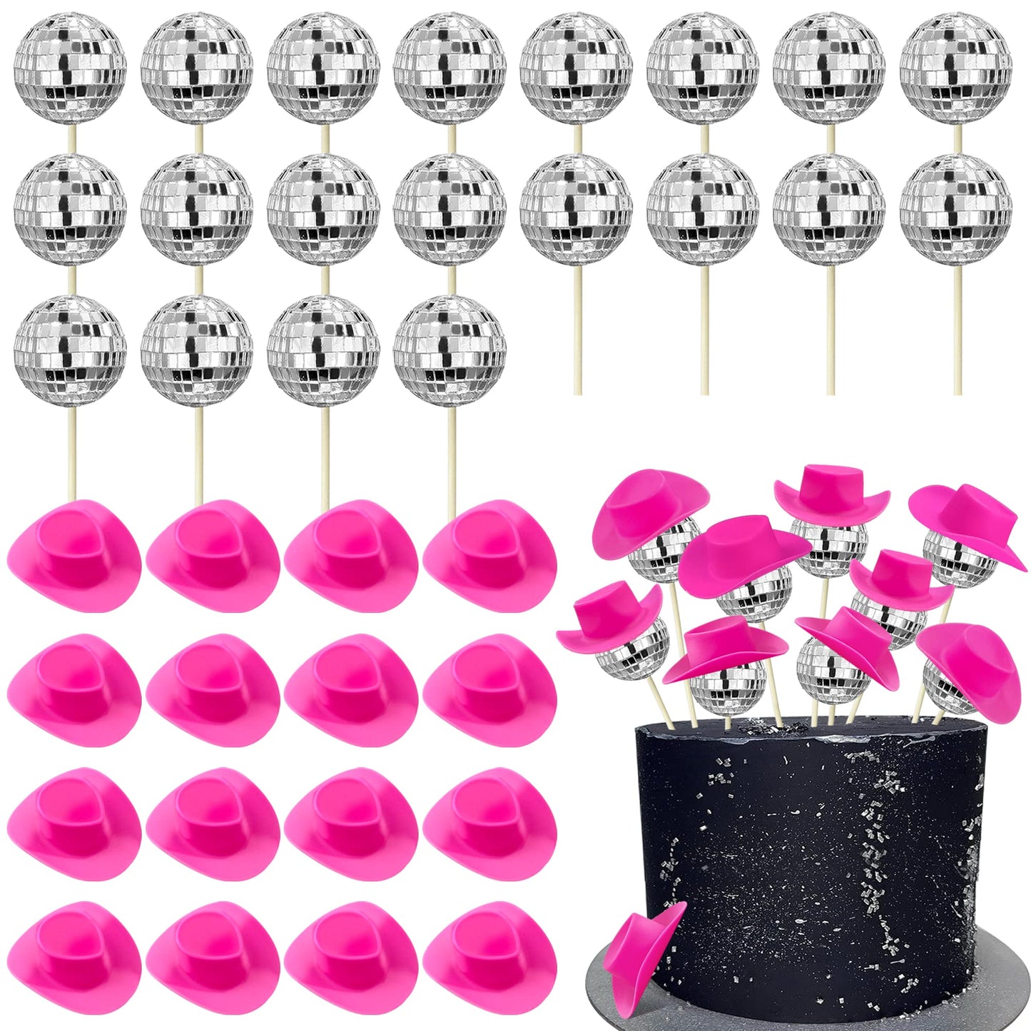 HAVAGDTM Disco Ball Cake Decorations Set - 40 PCS, Pink Cowboy Hat & Cupcake Toppers, 1970s Theme Party Picks