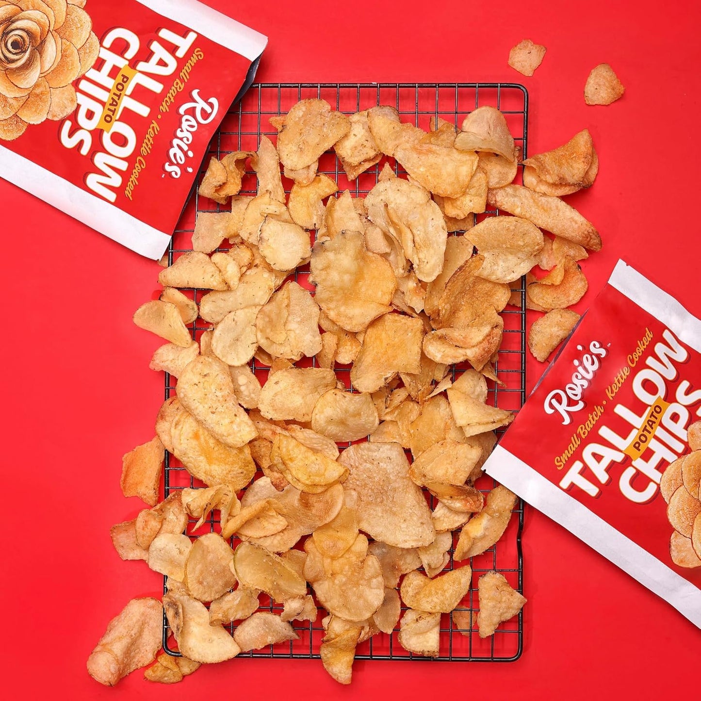 ROSIES CHIPS Kettle Cooked Potato Chips - Non-GMO, 5oz Bags, 6 Pack - Made with Grass Fed Beef Tallow, Sea Salt, Oil Free Snacks