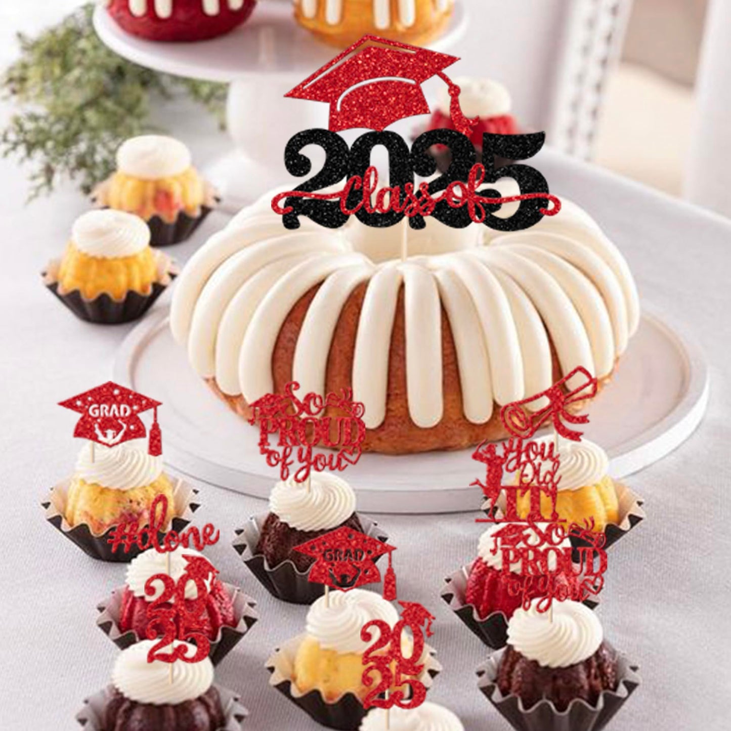 YCTHUNFISH Graduation Cupcake Toppers, 25 Pack, Red, Glitter, Diploma Grad Cap Cake Decorations for 2025 Graduation Theme Party