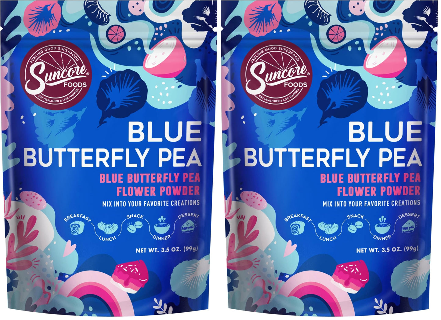 Suncore Foods Blue Butterfly Pea Powder, Blue Food Coloring Powder, Gluten-Free, Non-GMO, 3.5oz (2 Pack)