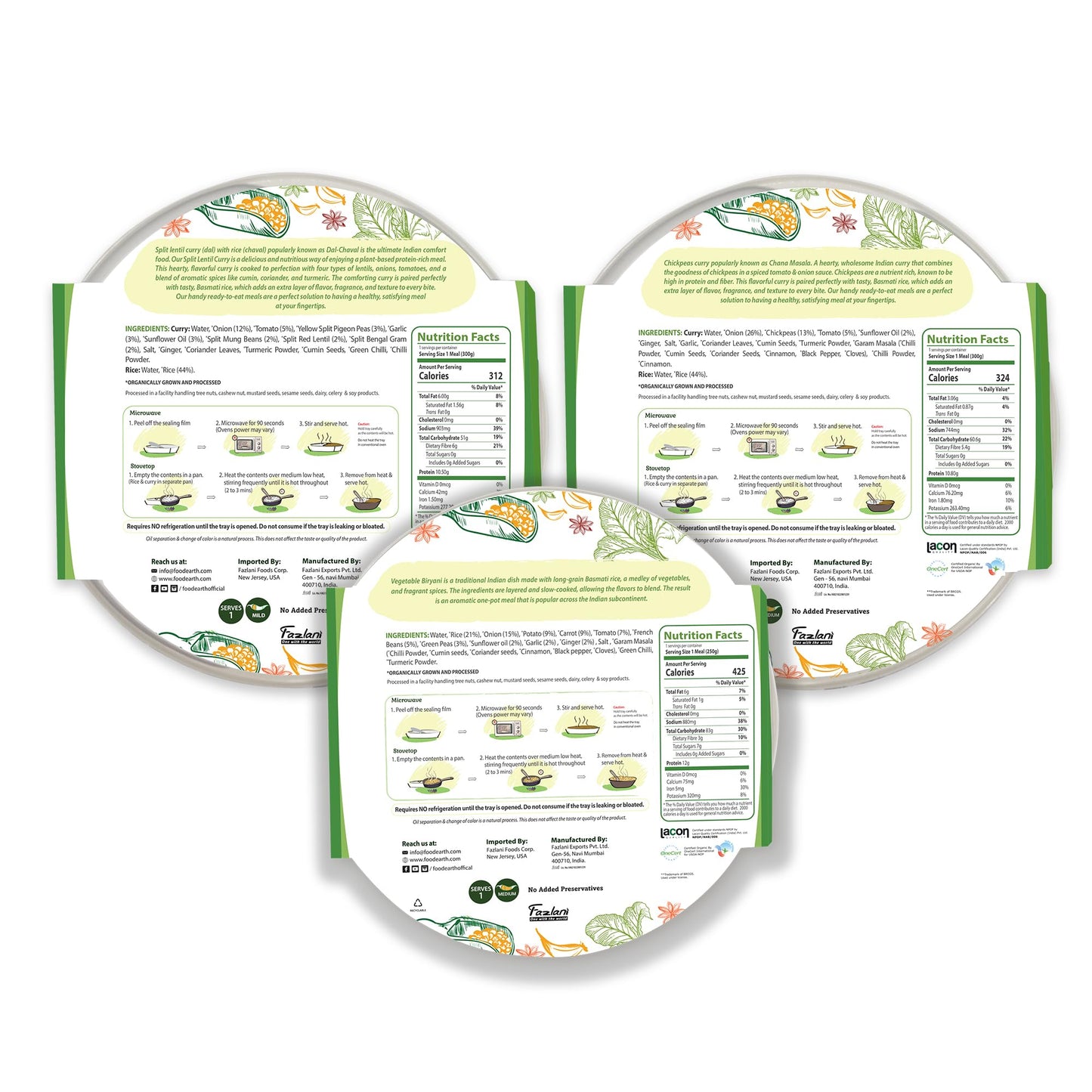 Food Earth Ready To Eat Indian Meals - Six Flavor Variety Pack - Organic, Microwavable, Premade & Quick - Lunch & Dinner Pack (6
