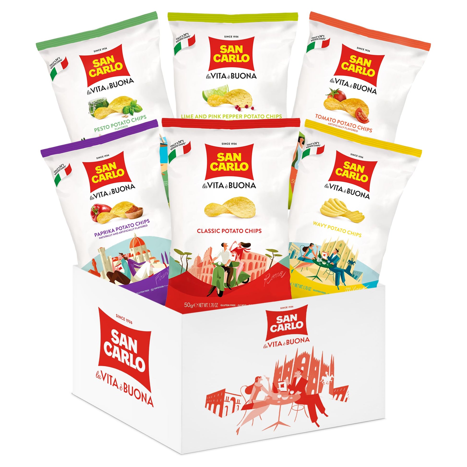 San Carlo Variety Pack 8X 50G Multi Flavours N1 Italian Potato Chips - Classic  Wavy  Paprika  Pesto  Lime And Pink Pepper  Tomato