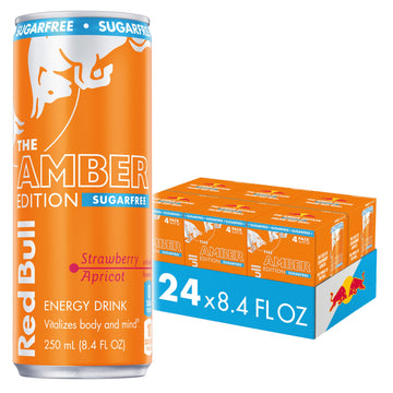 Red Bull Amber Edition Sugar Free Energy Drink, Strawberry Apricot, 8.4 Fl Oz, 24 Pack (6x4), 80mg Caffeine, Model RB243200