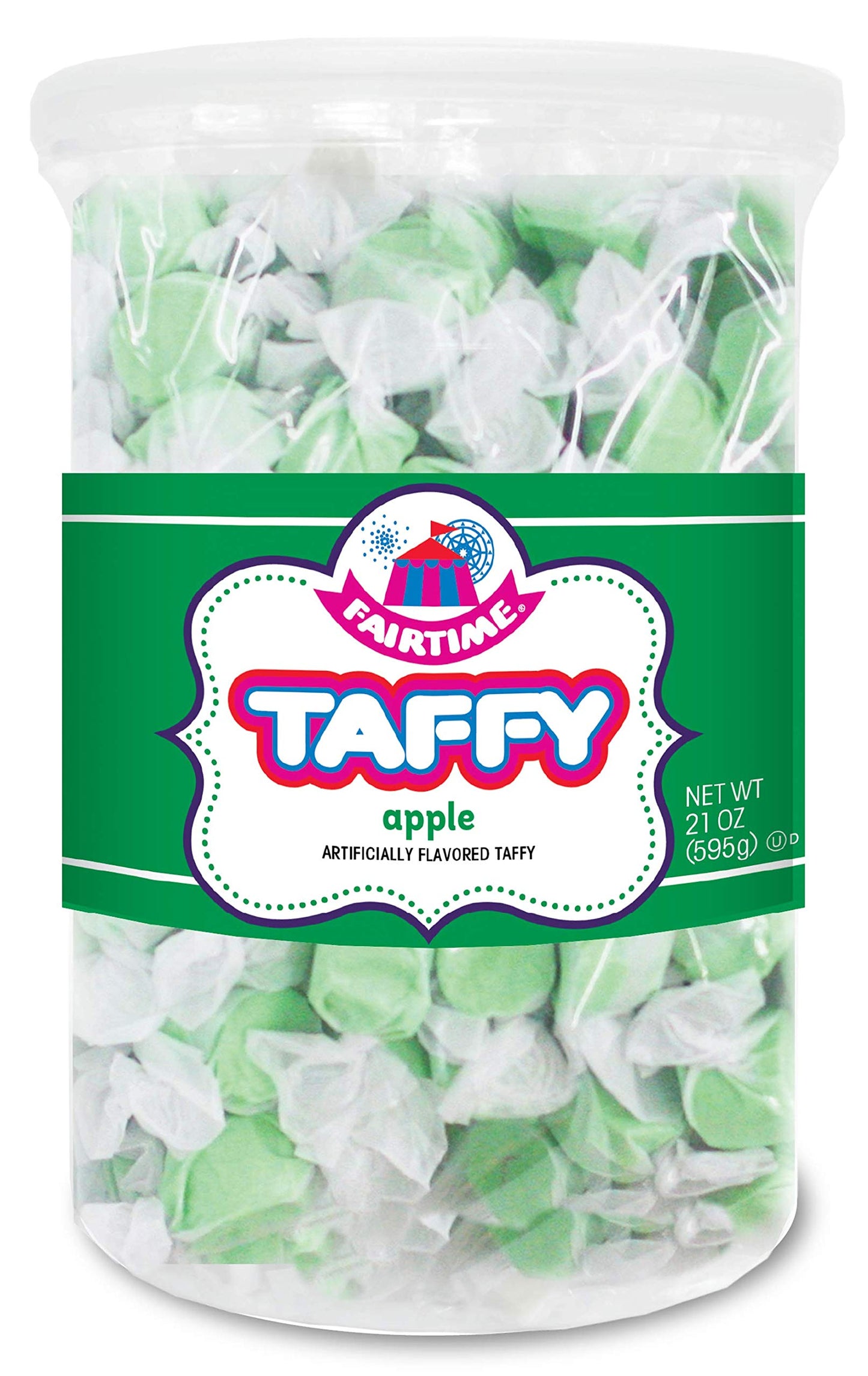 Fairtime Taffy Bulk Green Candy, Green Apple Flavor, 21 Ounce Tub, Individually Wrapped, Kosher
