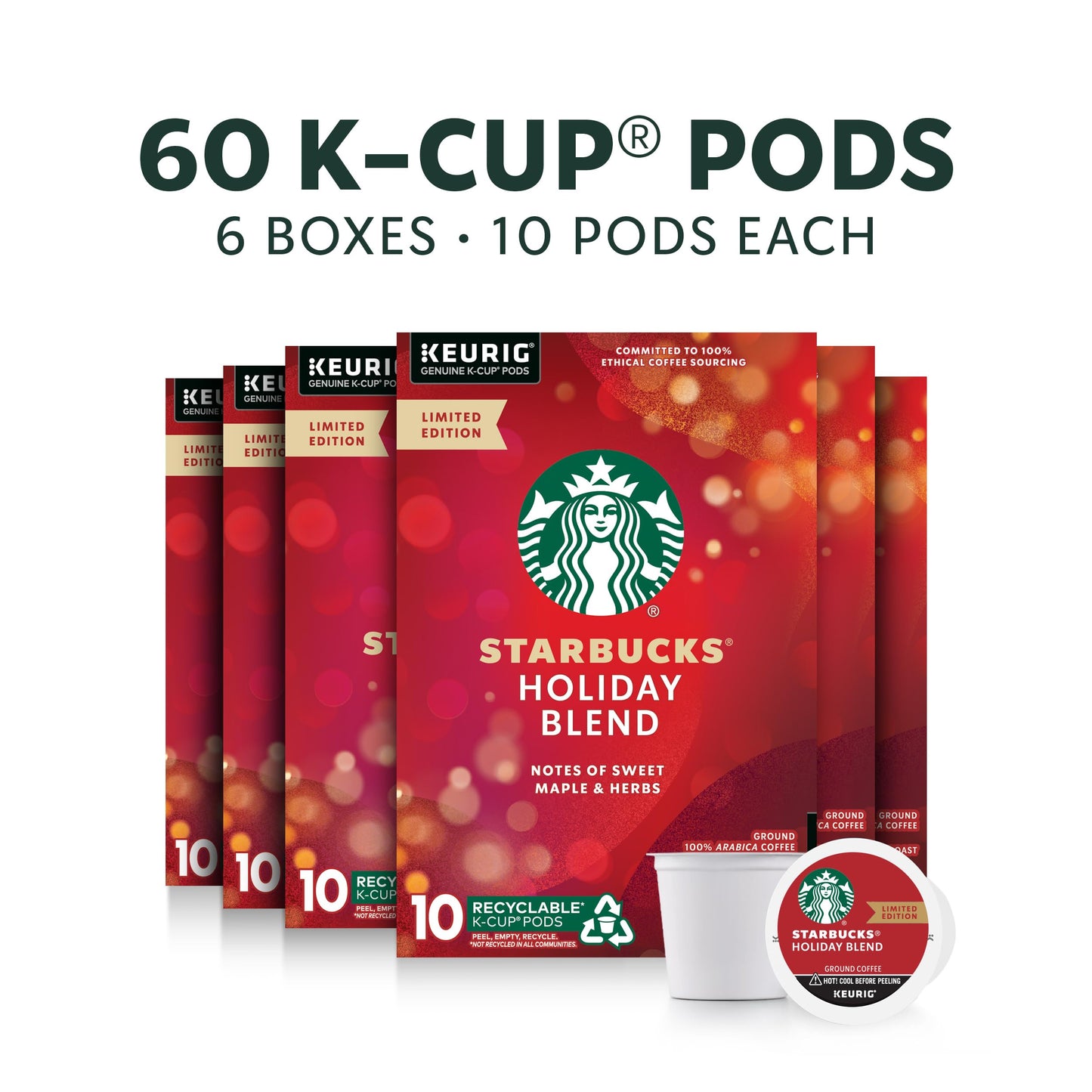 Starbucks K-Cup Coffee Pods, Medium Roast, Holiday Blend, 60 Pods (10 Count x 6 Boxes)