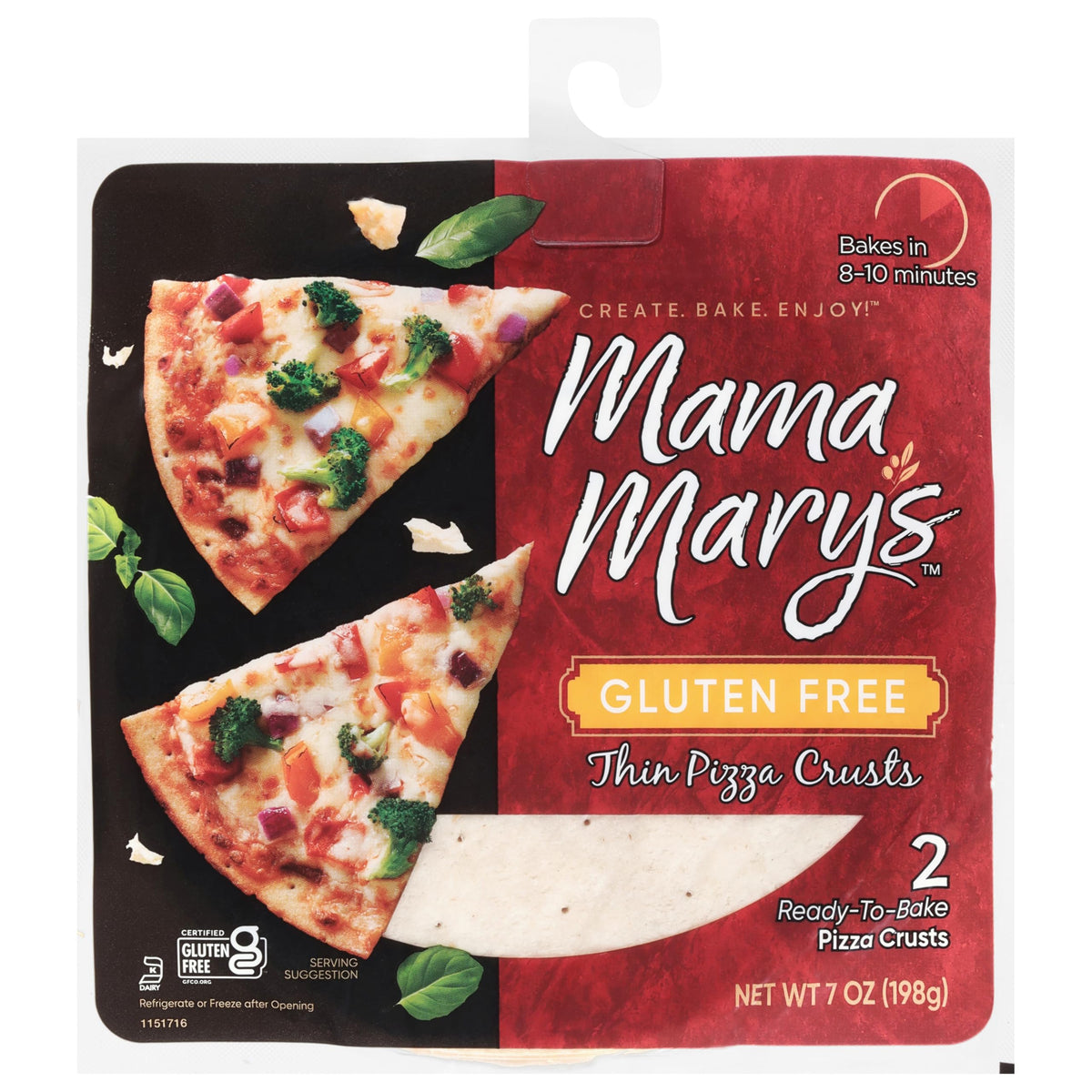 Mama Marys 7 Gluten Free Thin Crust Ready to Bake Pizza Crusts, 2 Count