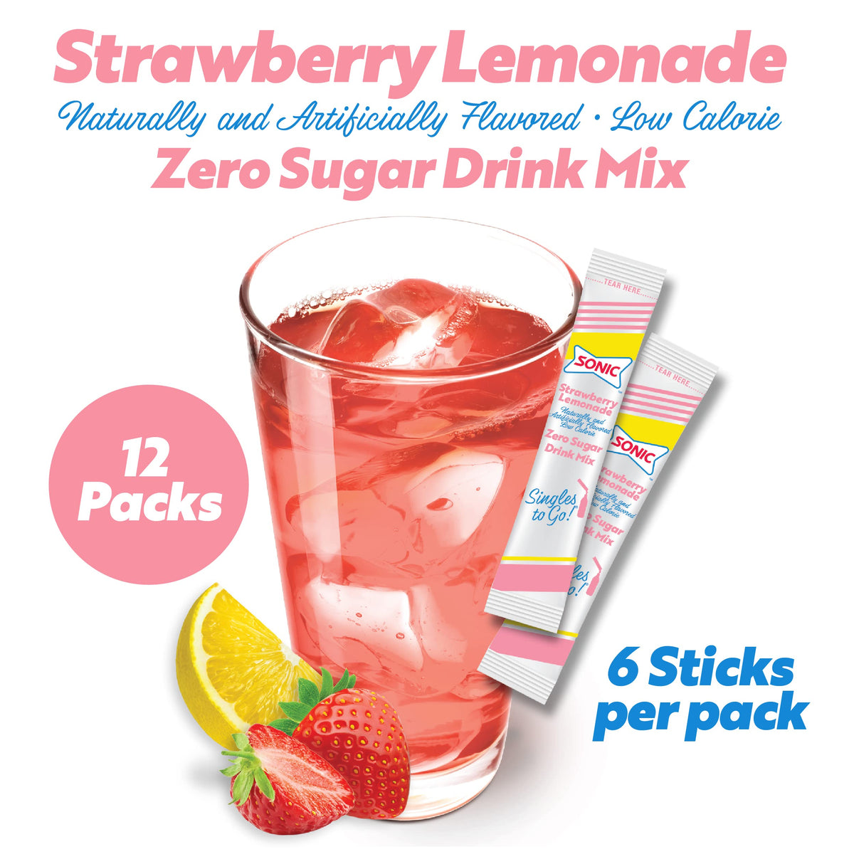 Sonic Singles To Go Powdered Drink Mix, Strawberry Lemonade, 6 Sticks Per Box, 12 Boxes (72 Sticks Total)