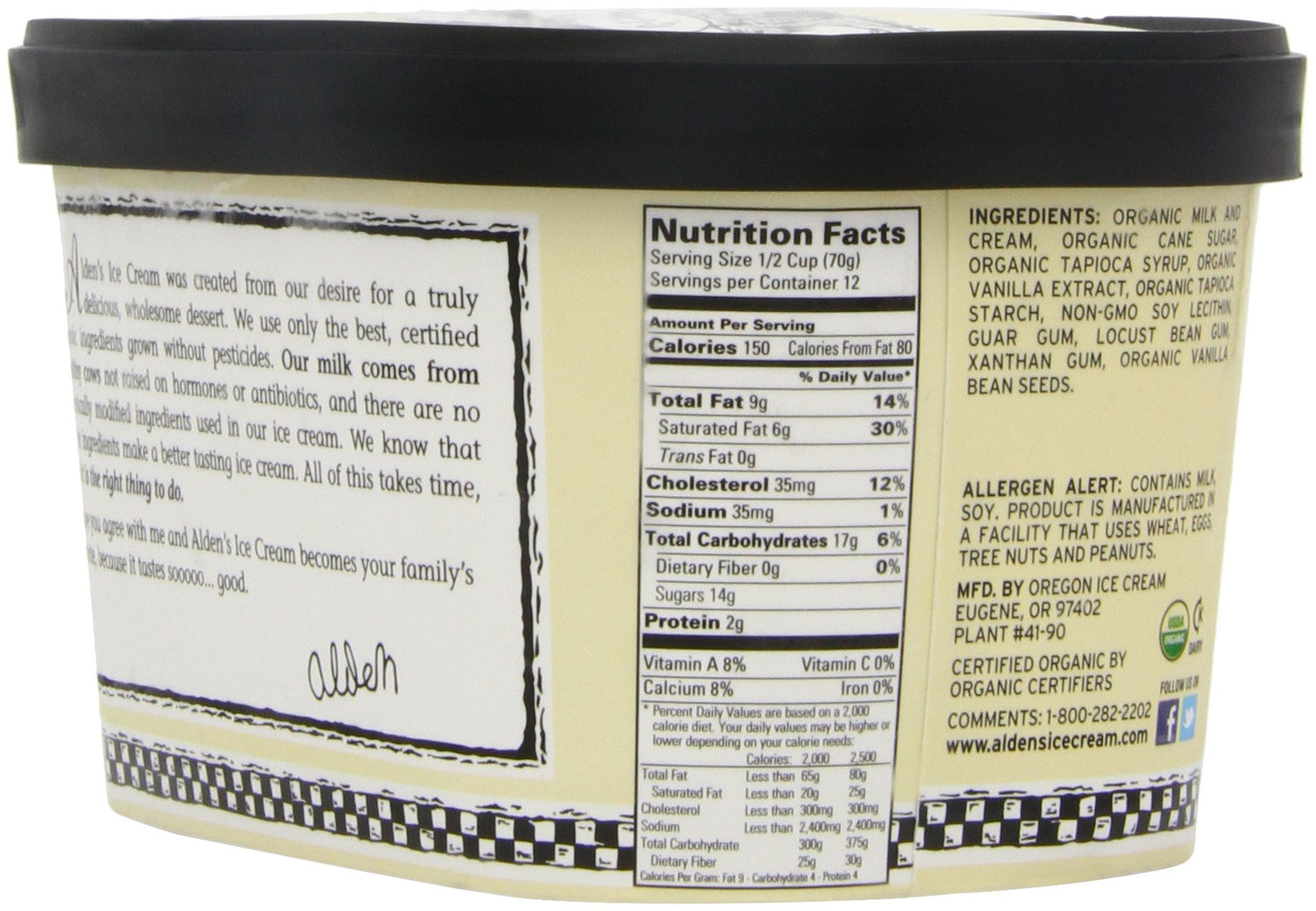 Aldens, Organic Vanilla Bean Ice Cream, 48 oz (Frozen)