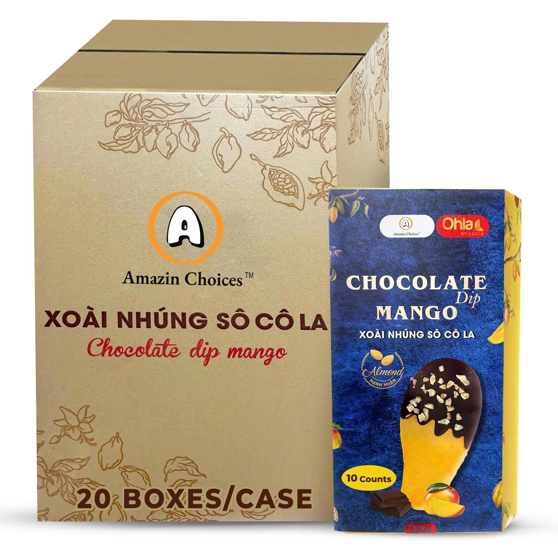 Vegan Dried Mango Slices Covered In Chocolate Almond Gluten-Free By Amazin Choices - Tropical Chocolates Dip Fruit Snack - Non Gmo Dry Mangoes Layers - Gift Snacks Pack Of 20 (7.05 Oz)