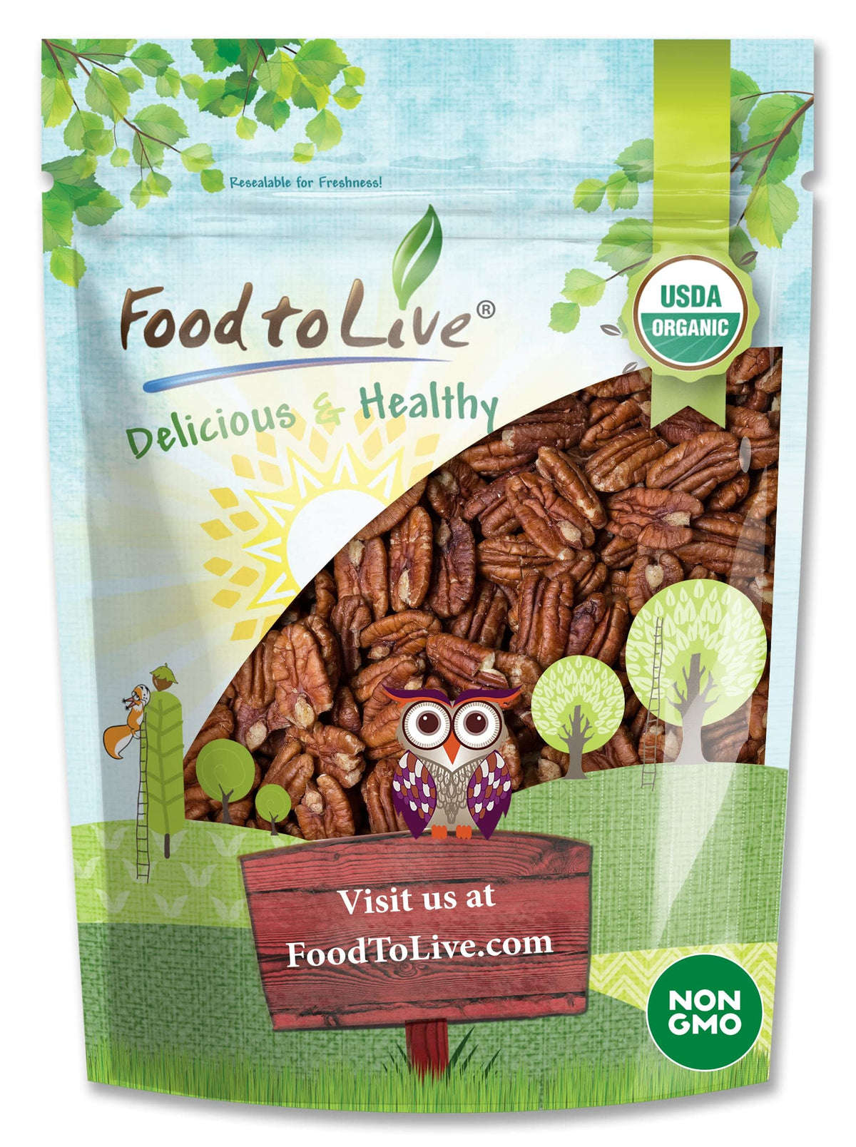 Food to Live Organic Dry Roasted Pecan Halves, 1.5 Pound - Non-GMO, Unsalted Nuts, Oven Roasted, No Oil Added, Vegan, Kosher, Sh