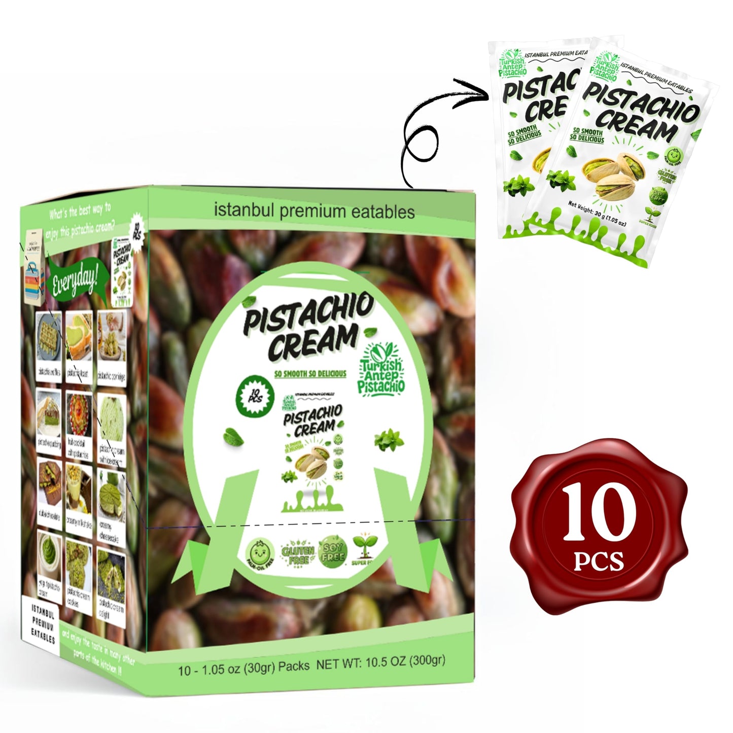 ISTANBUL PREMIUM EATABLES Pistachio Cream, 10.5 oz (300 g) Box of 10, Green, Ideal for Desserts and Snacks
