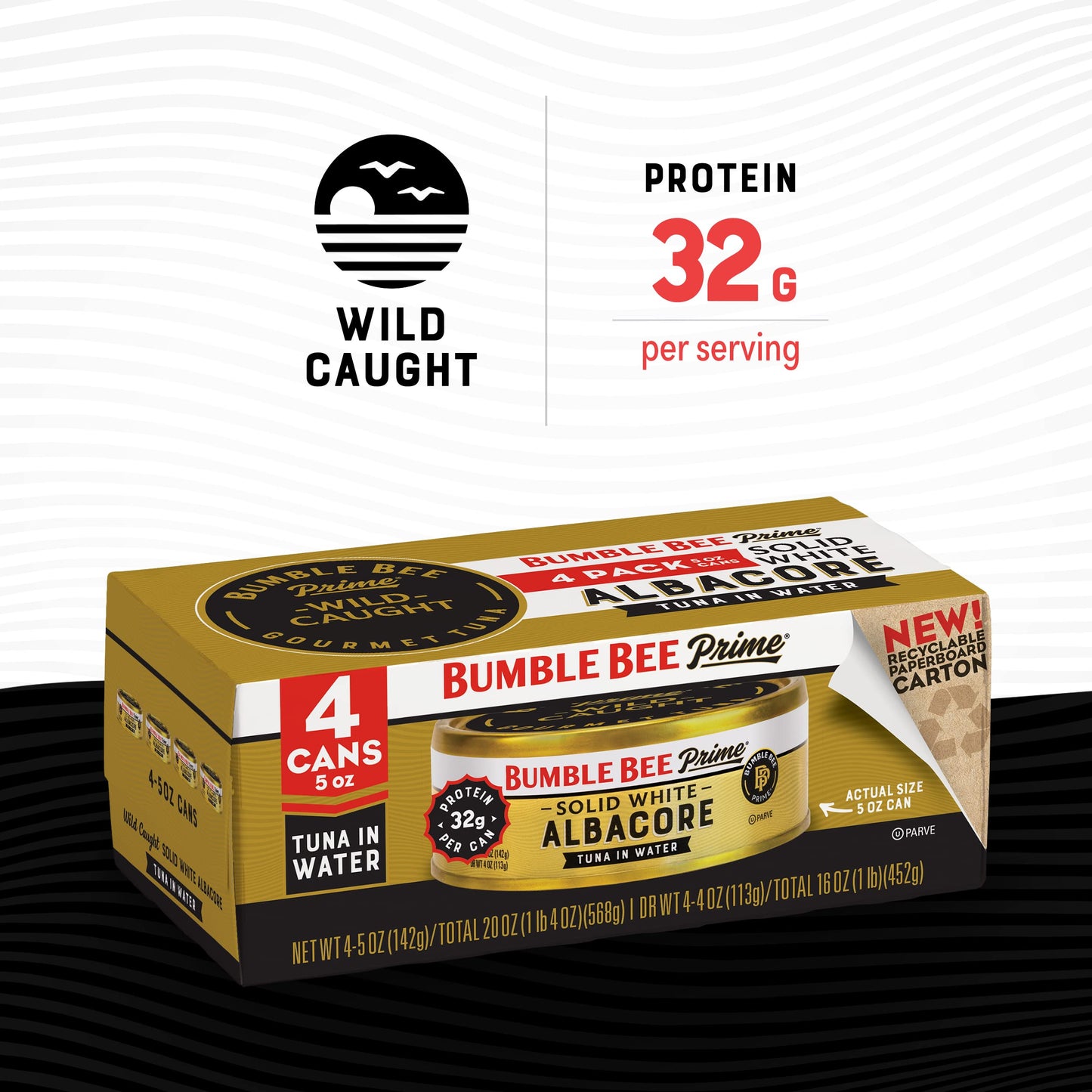Bumble Bee Prime Solid White Albacore Tuna in Water, 5 oz Cans (Pack of 4) - Premium Wild Caught Tuna - 32g Protein per Serving