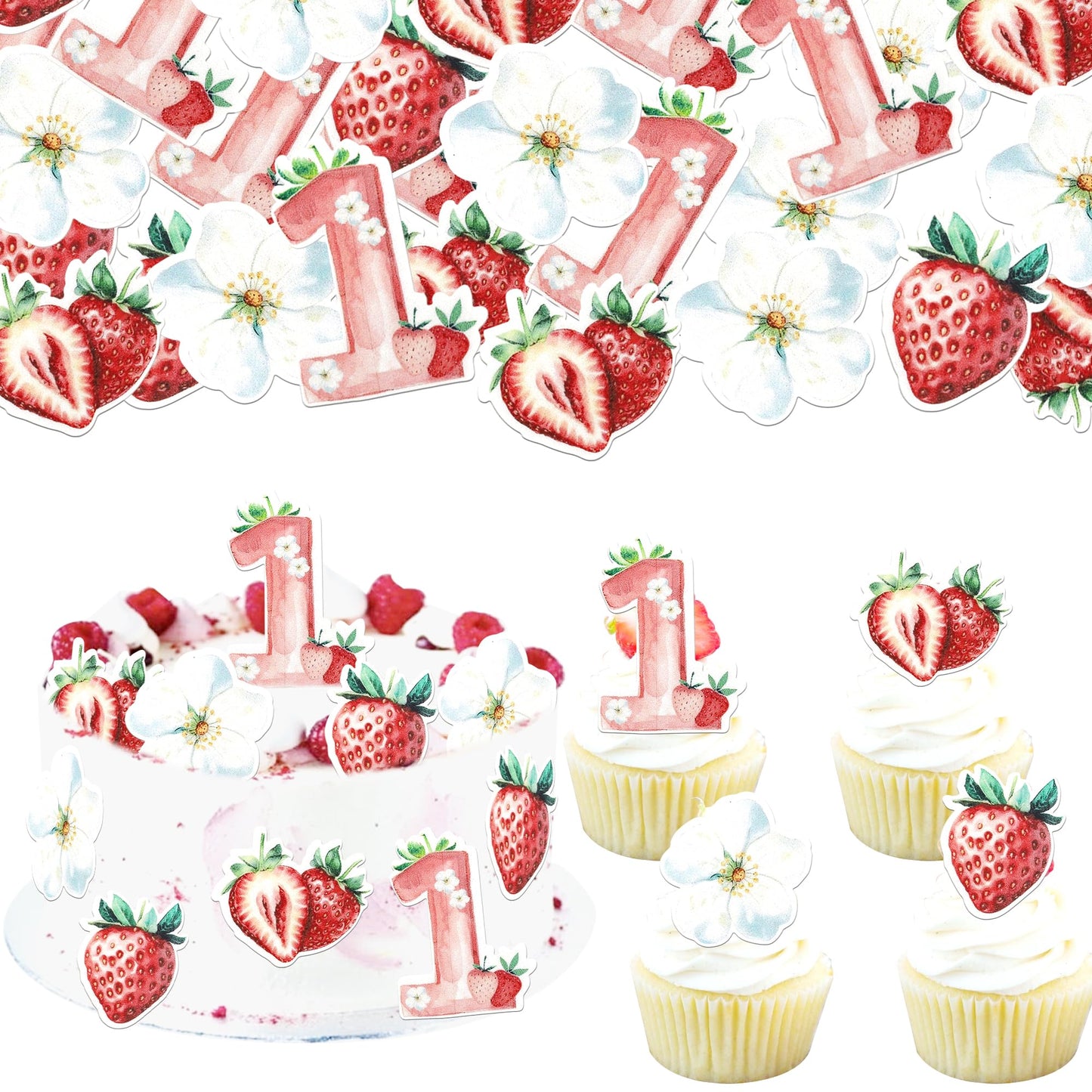 60 Pcs Edible Sweet One Strawberry Cupcake Toppers Flower Strawberry First Birthday Cake Decorations Edible Berry Strawberry Cupcake Picks For Baby Shower 1St Birthday Party Food Decorations Supplies