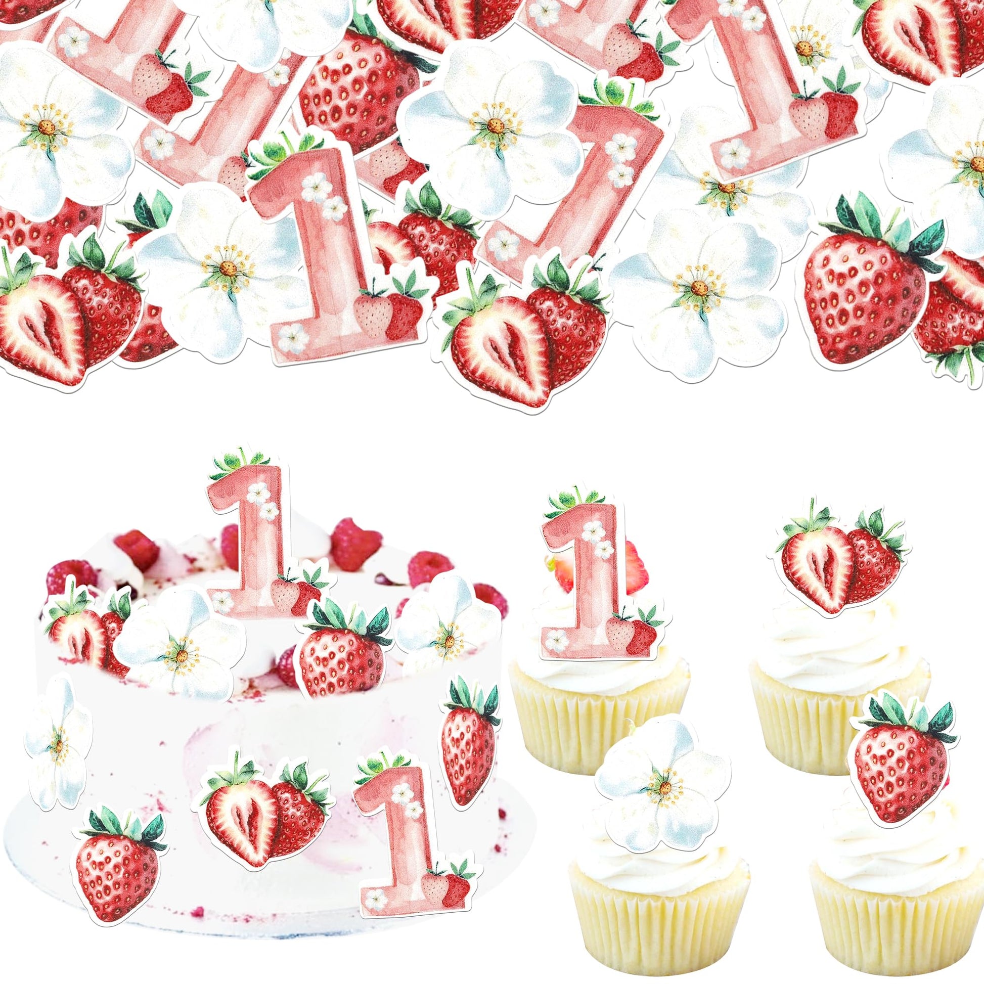 60 Pcs Edible Sweet One Strawberry Cupcake Toppers Flower Strawberry First Birthday Cake Decorations Edible Berry Strawberry Cupcake Picks For Baby Shower 1St Birthday Party Food Decorations Supplies