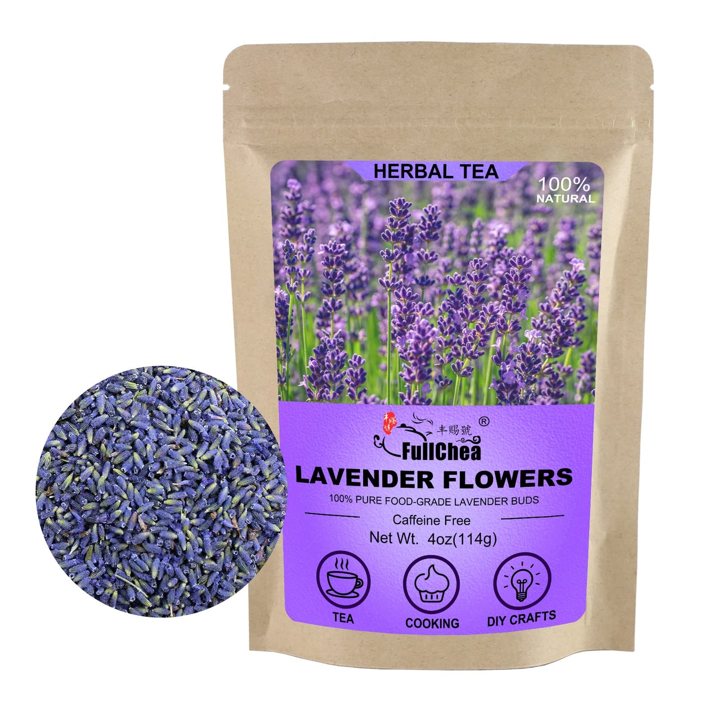FullChea Natural Dried Lavender Flowers - Premium Food Grade - 4oz/114g - Non-GMO - Caffeine-free - Perfect for Tea and Baking