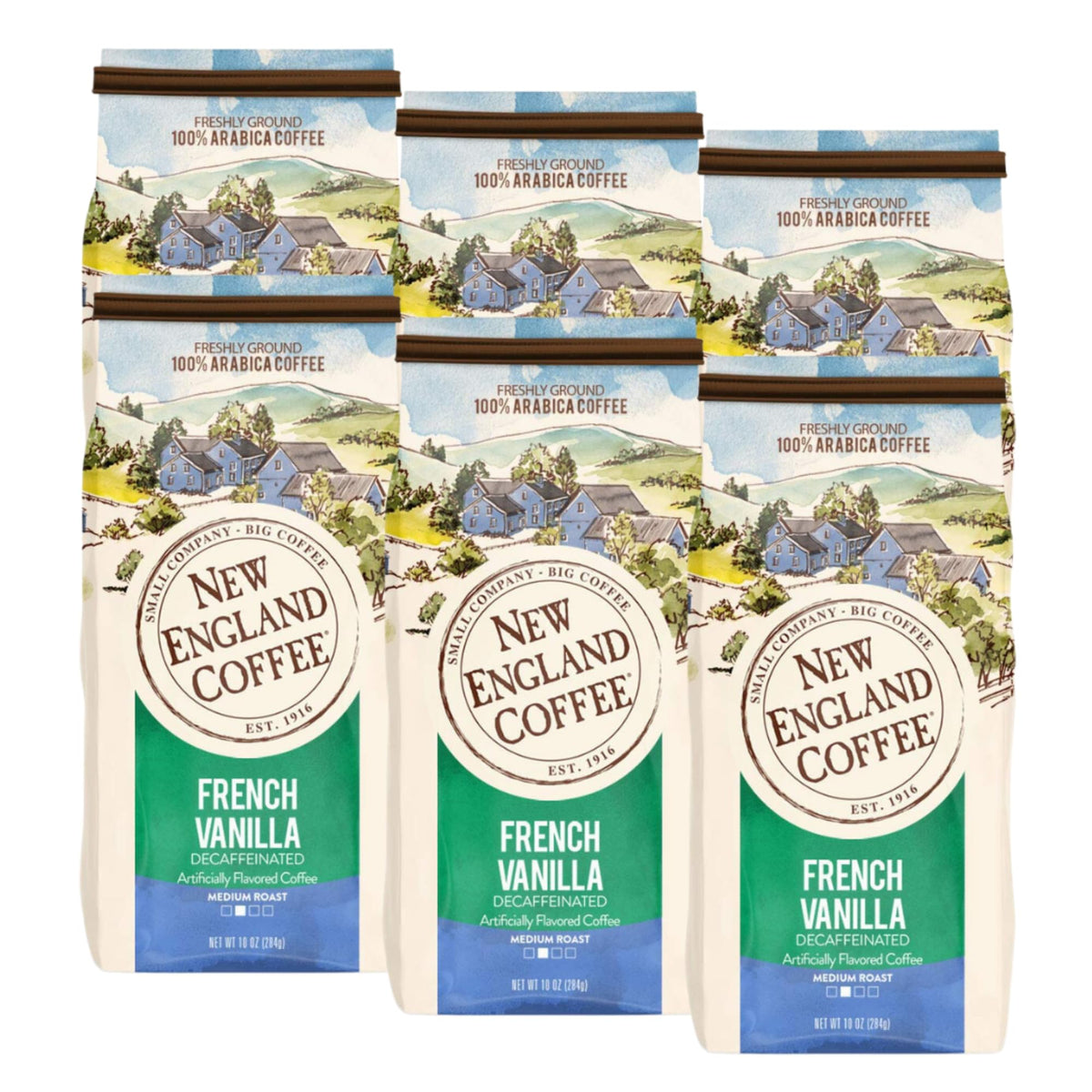 New England Coffee French Vanilla Decaffeinated Medium Roast Ground Coffee, 10Oz Bag (Pack Of 6)