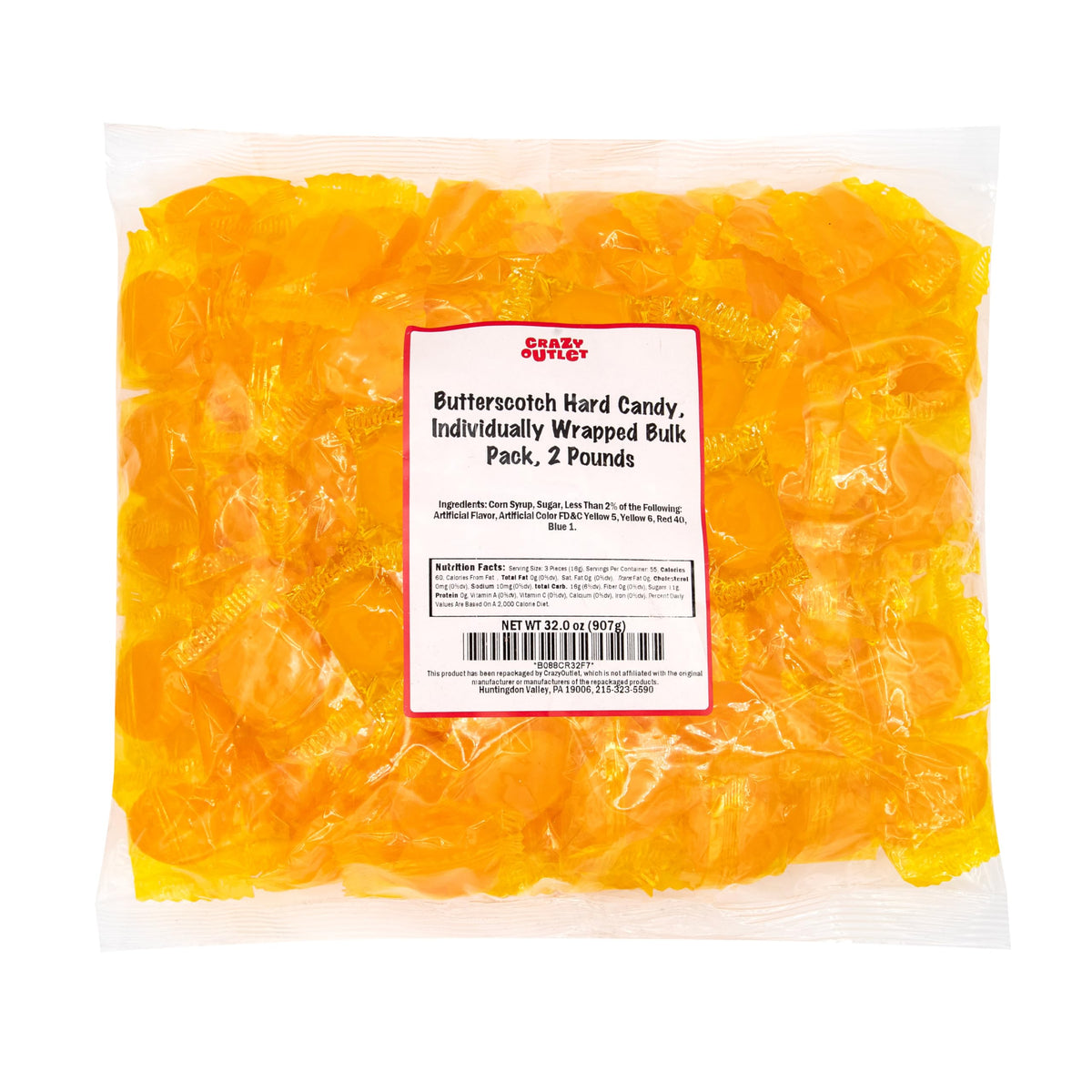 Butterscotch Hard Candy - 2 Pound Bulk Pack (About 165 Count) - Individually Wrapped Yellow Candies - Classic Butter Scotch Disc