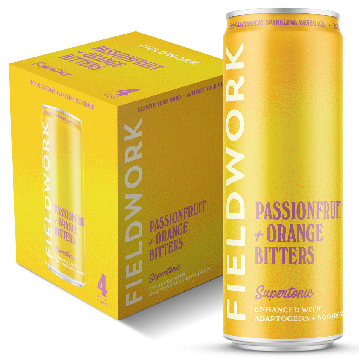 Fieldwork Supertonic  Adaptogen Non-Beverage-Style Sparkling 18+ Use Drink With Nootropics  Passionfruit + Orange Bitters  12 Oz Cans  4-Pack
