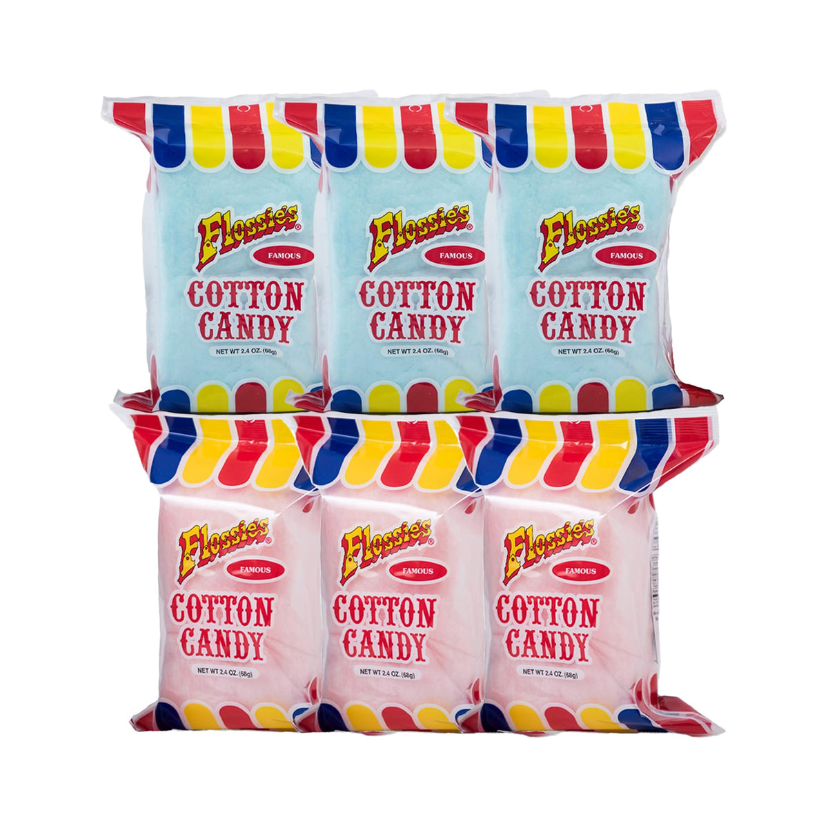 Flossies Famous Cotton Candy Blue and Pink Party Flavors, 2.4oz Bag (6-Pack)