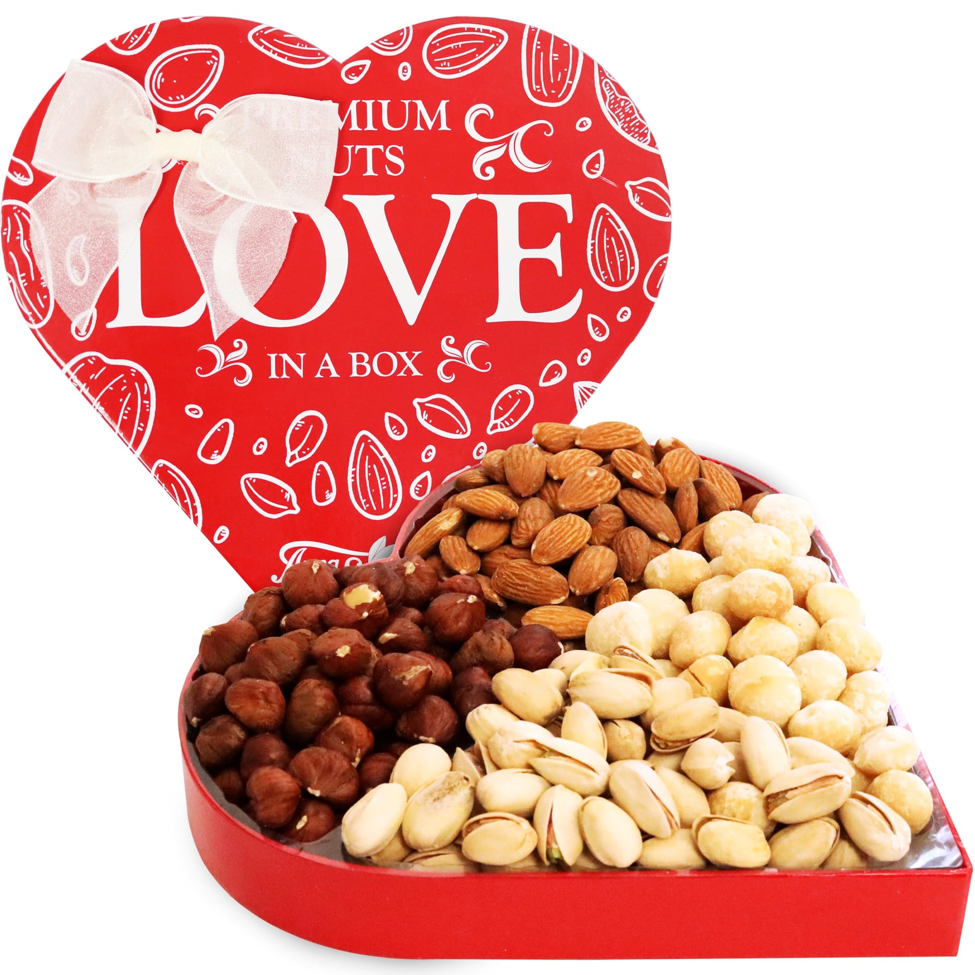 Anna and Sarah Premium Mixed Nuts Medium Size Heart Shaped Gift Basket Oregon Hazelnut-Almond-California Pistachios-Roasted Maca