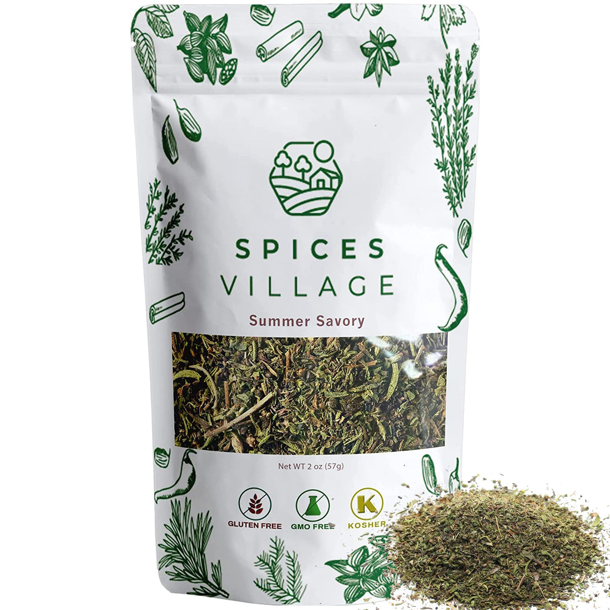 Spices Village Summer Savory Spice  Natural Dried Summer Savory Leaves For Cooking And Herbal Tea  2 Oz  Pure Mediterranean Seasoning  Kosher  Gluten Free  Vegan  Non Gmo  Resealable Bulk Bag