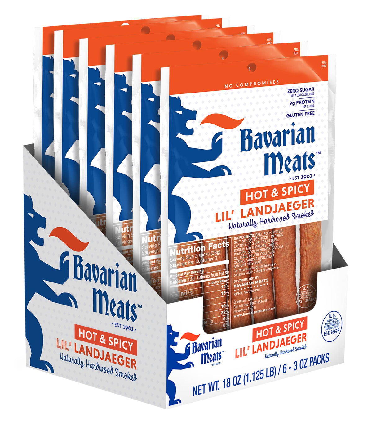 Bavarian Meats Hot & Spicy Landjaeger Meat Sticks, Zero Sugar, Gluten Free, Keto Friendly, 3 Ounce (Pack of 6)
