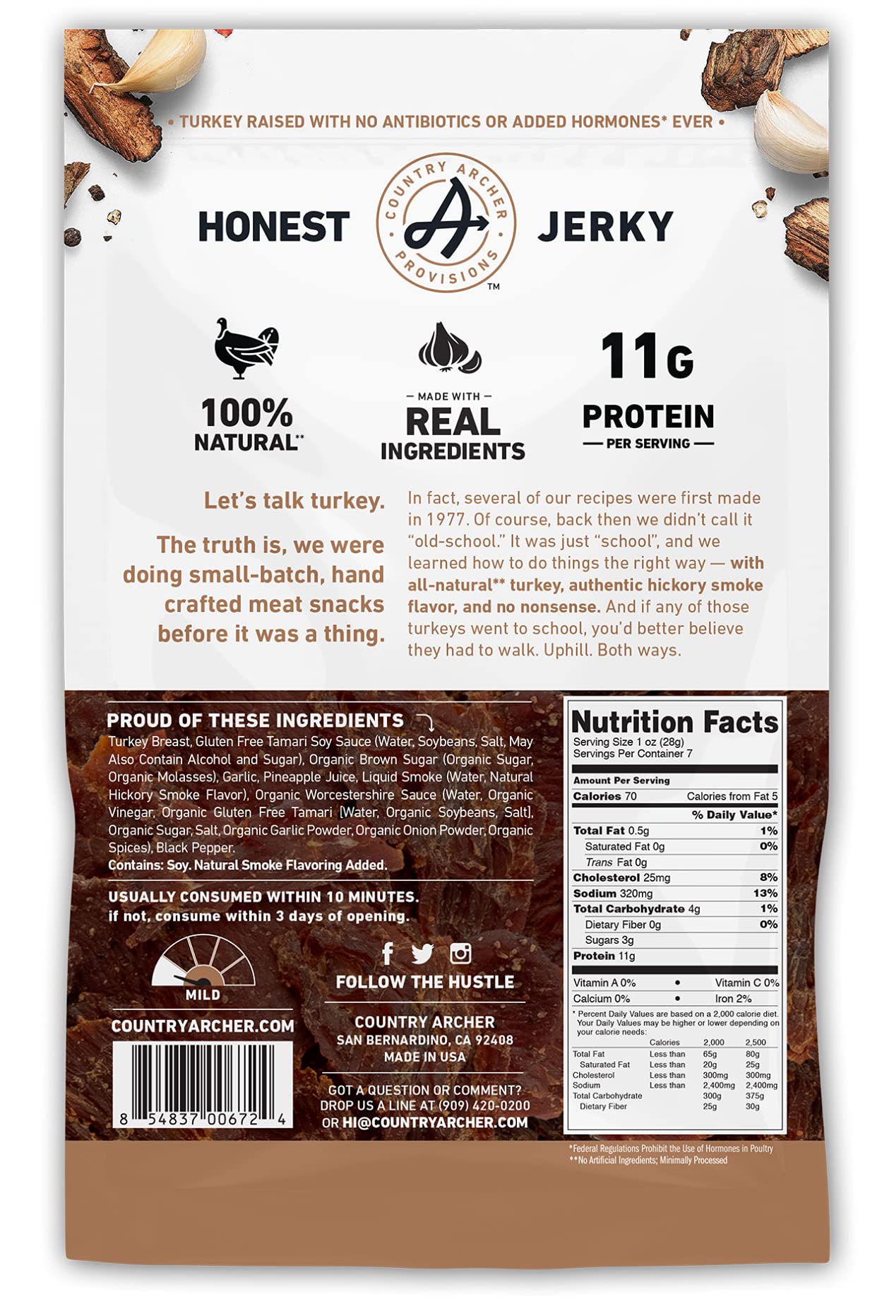Country Archer Turkey Jerky, Hickory Smoke,    Free, Gluten Free, 7 Ounce