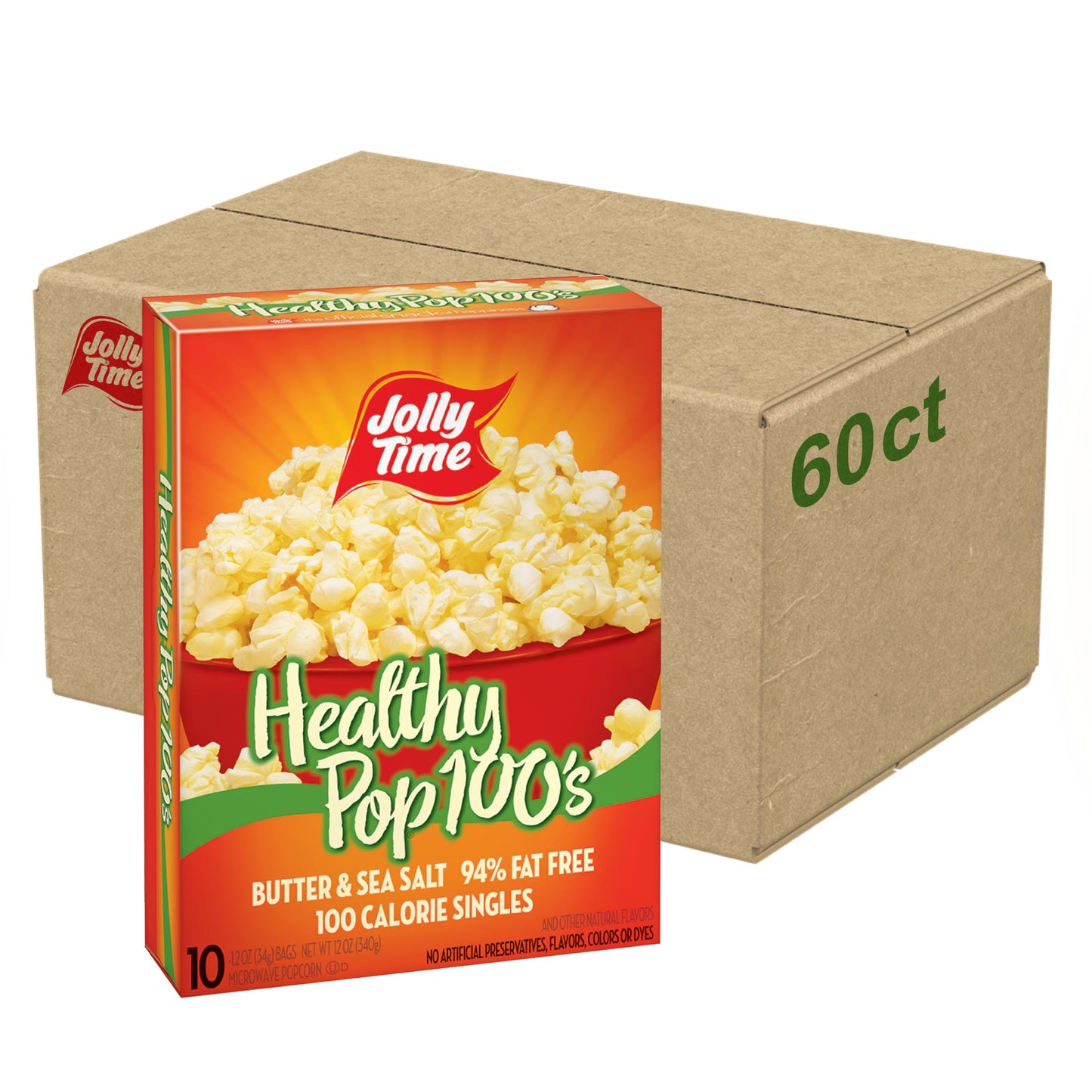 Jolly Time Microwave Popcorn, Butter & Sea Salt, 1.2oz Personal Bags, Pack of 60