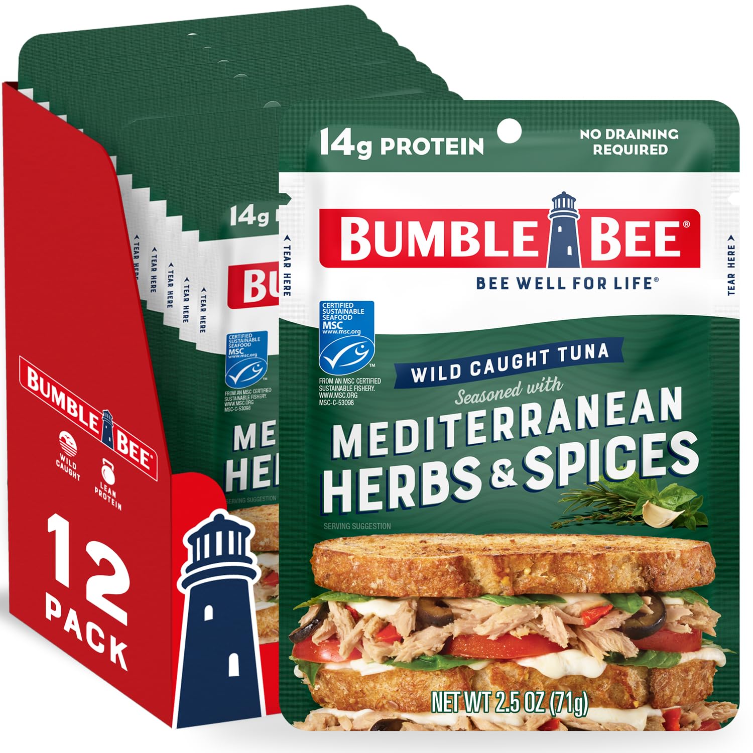 Bumble Bee Mediterranean Herbs & Spices Seasoned Tuna, 2.5 oz Pouches (Pack of 12) - Ready to Eat - Wild Caught Tuna Packet - 16