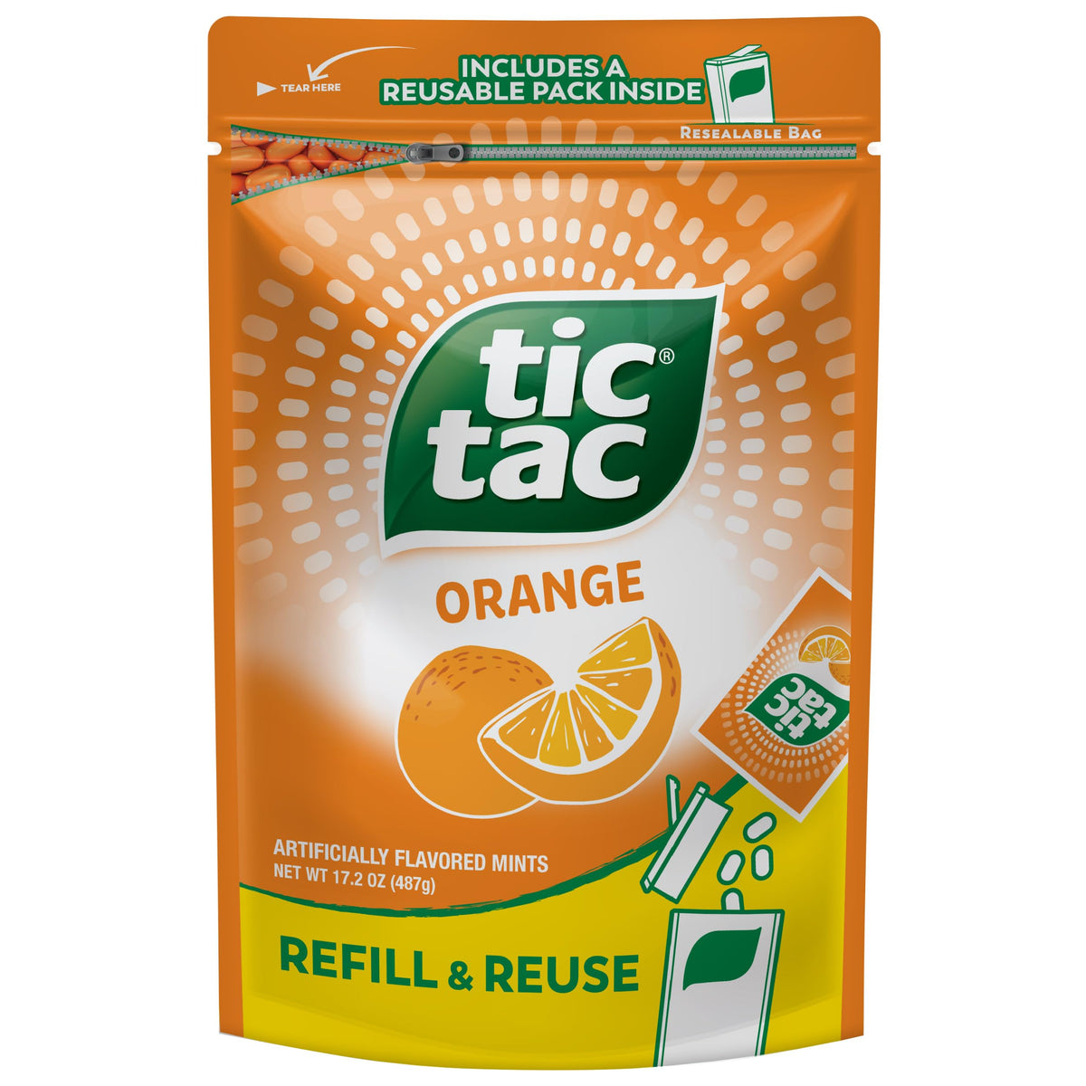 Tic Tac Orange Flavored Mints, 17.2 oz Bulk Refill Bag, Includes Refillable Pack