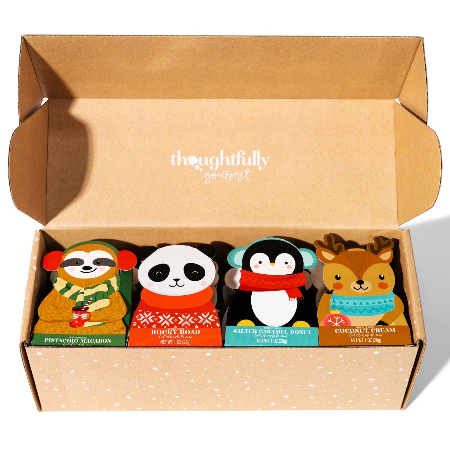 Thoughtfully Gourmet, Hot Chocolate Gift Set In Holiday Character Packaging, Flavors Include Rocky Road, Cookies Butter, Pumpkin
