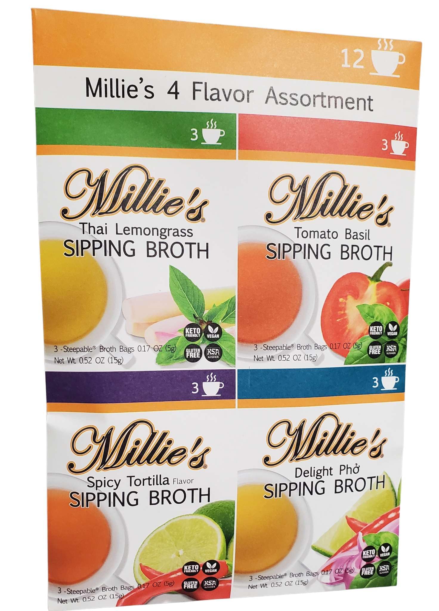 Millies Sipping Broth Steepable Vegetable Broth - Vegan, Keto, Gluten Free - 12 Bags Total (4 Pack Assortment)