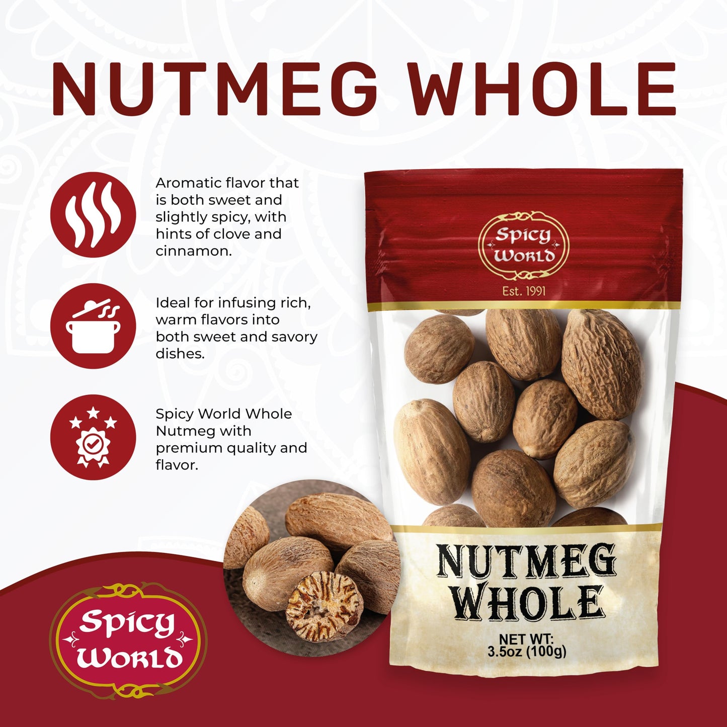 Spicy World Nutmeg Whole 3.5oz (100g) - enhanced Grade from Indonesia  Pure  Natural  Gluten Free