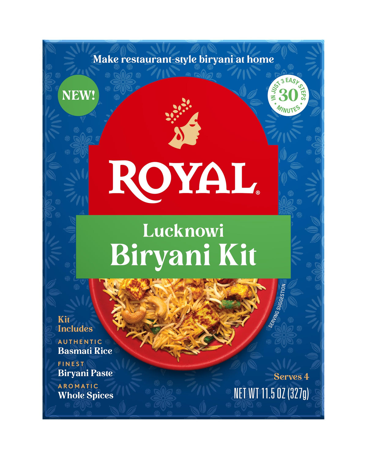 Royal Lucknowi Biryani Kit - White Basmati Rice, Biryani Paste, and Whole Spices - 11.5 oz Box